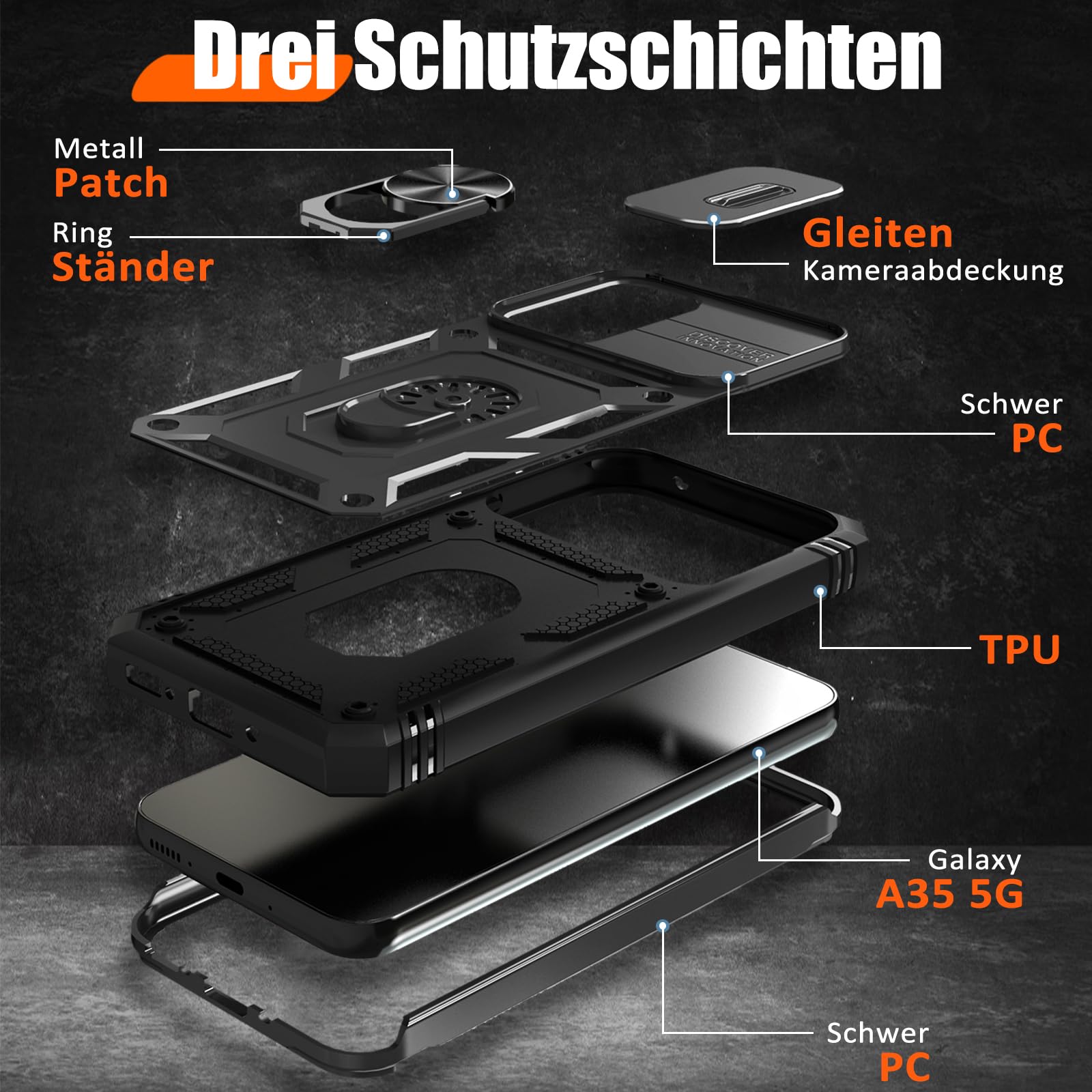 Giyer Cover per Samsung Galaxy A35 5G Custodia con Vetro Temperato, Antiurto Grado Militare 360° Anello Supporto Armor Bumper Case, Antiurto per Samsung A35 5G Cover (Nero)