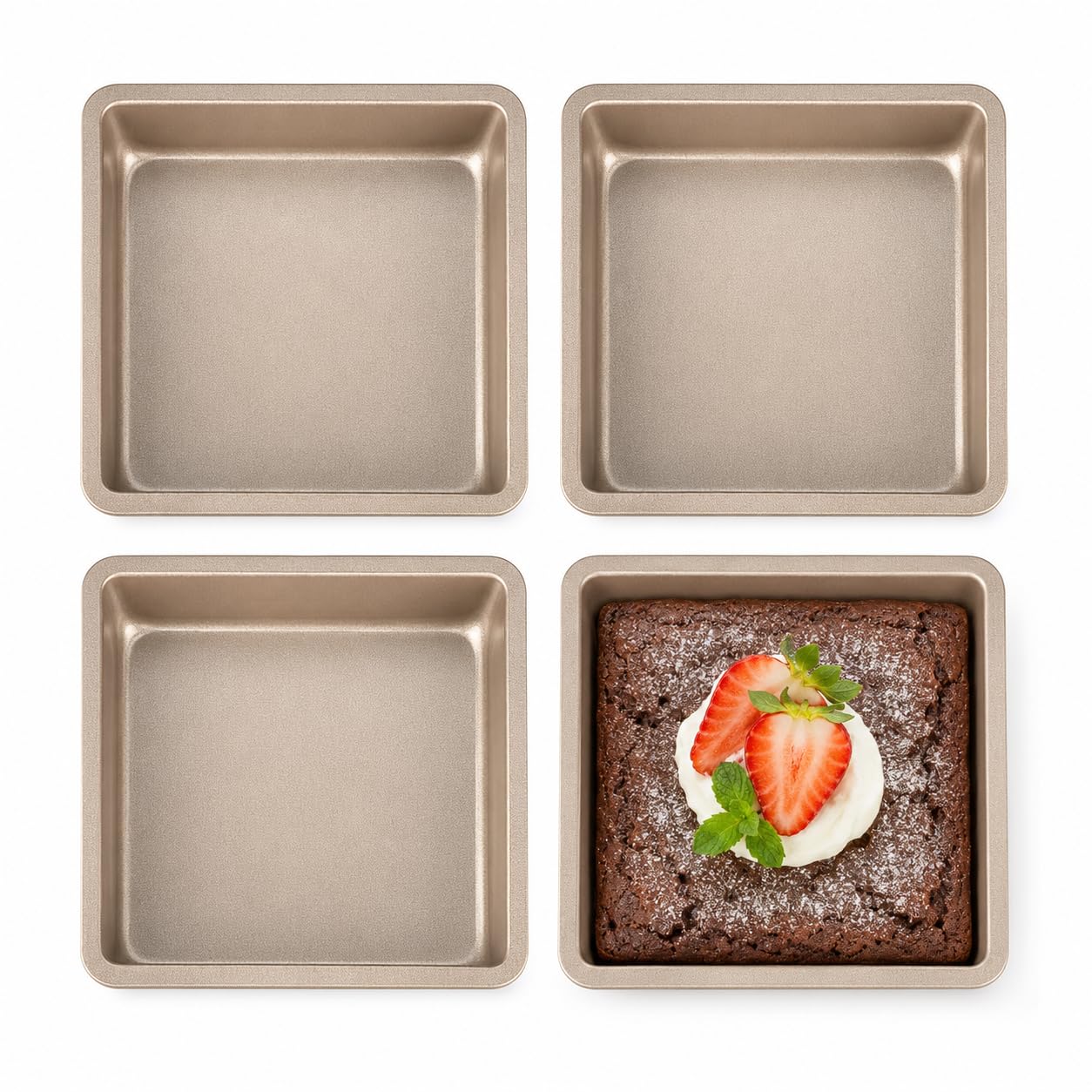 Healifty 4 Pack Mini Square Cake Tin, 4 Inch Carbon Steel Small Brownie Baking Tray Set, Non-Stick Shallow Loose Bottom Mould for Cheesecakes Gold