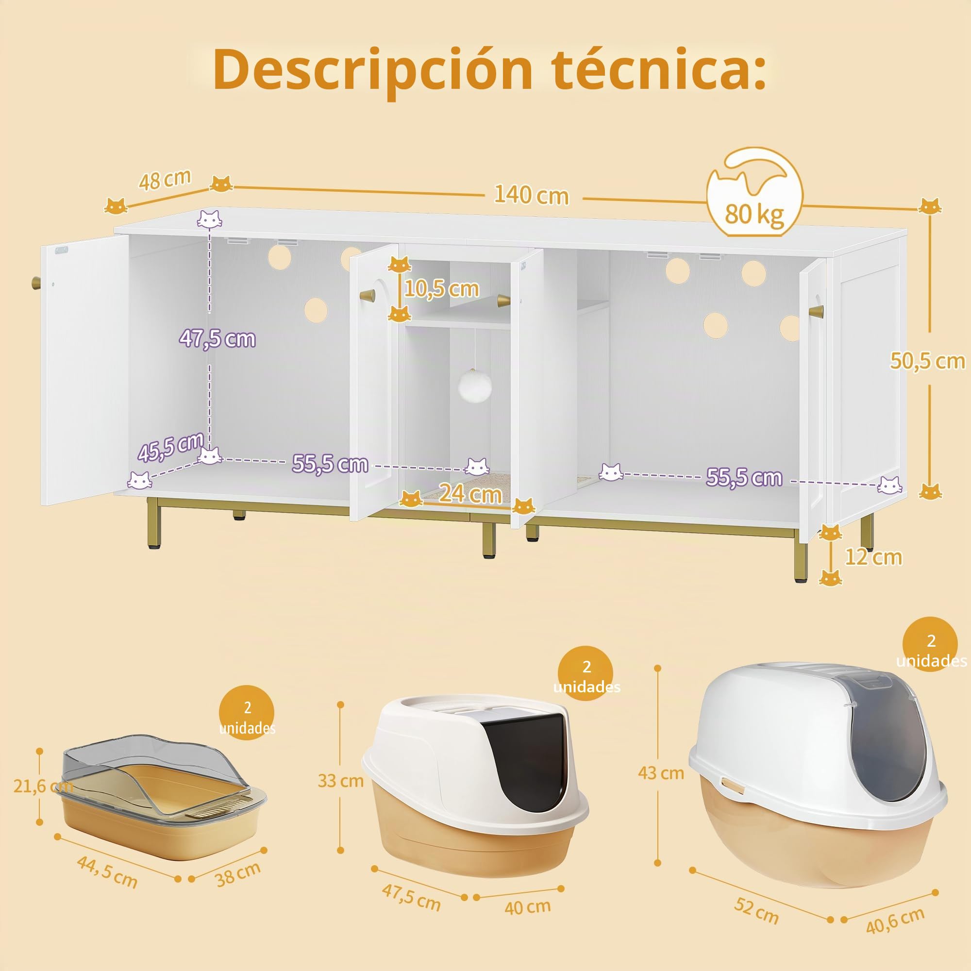 Hzuaneri Mueble Arenero Gato, Oculto para Arenero con Espacio de Almacenamiento, Bola para Gatos, Mueble de TV o Armario de Almacenamiento, 140 x 48 x 62 cm, Blanco-Oro CB86513A