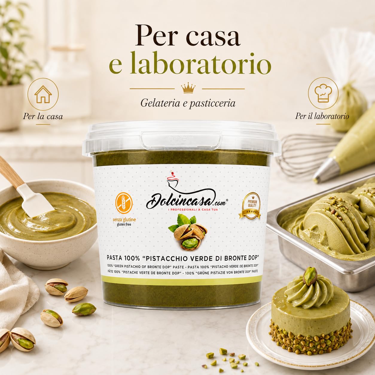 Dolcincasa Pasta Pura di Pistacchio Verde di Bronte DOP 100% - Senza Coloranti e Aromi Aggiunti - Per Gelato Artigianale, Creme, Dessert e Pasticceria Professionale - 500 g