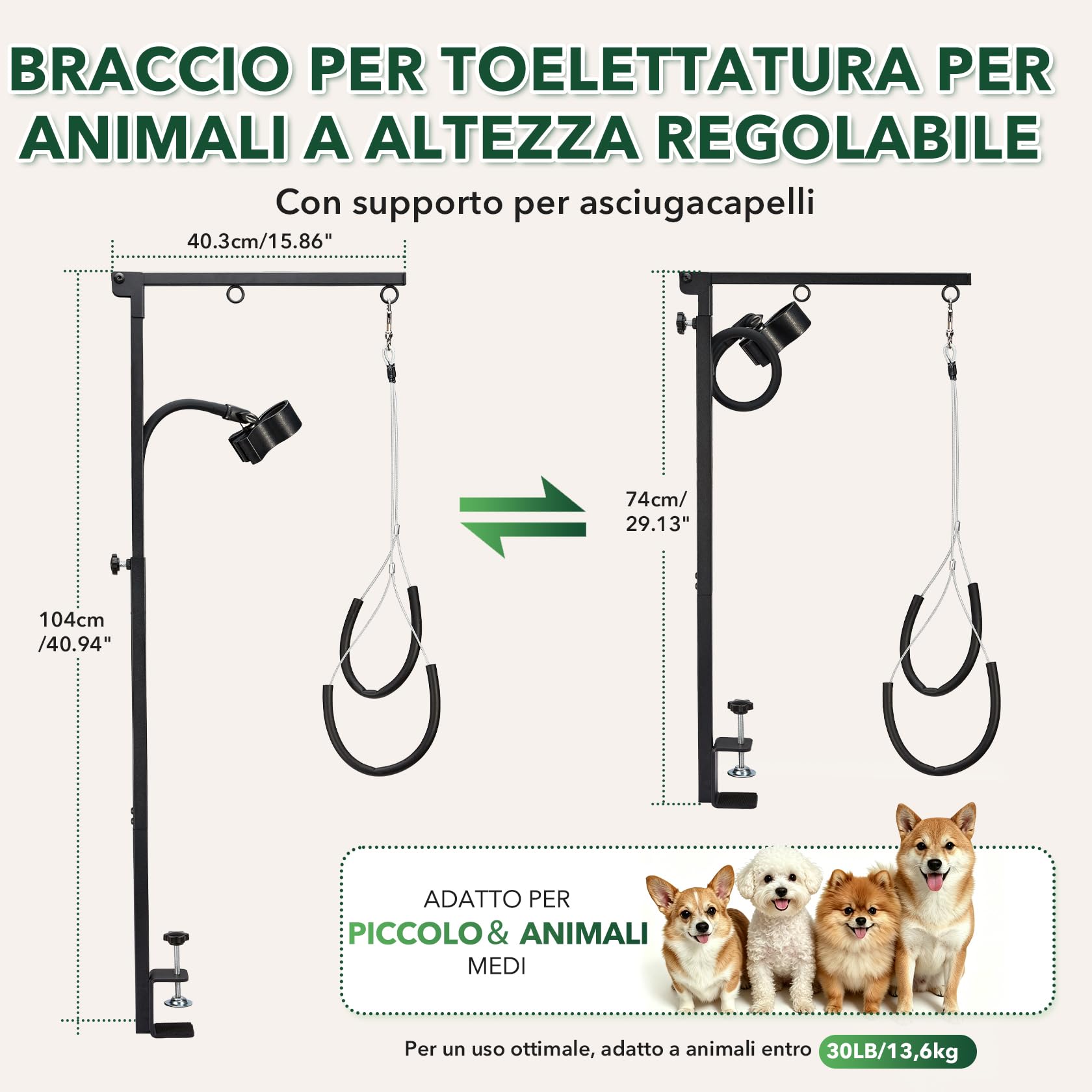 Pindex Braccio per Toelettatura Pieghevole con Morsetto, 29,13" – 40,94" (74–104 cm), con Supporto Asciugacapelli e Due Supporti Anti-Seduta per Cani Piccoli e Medi
