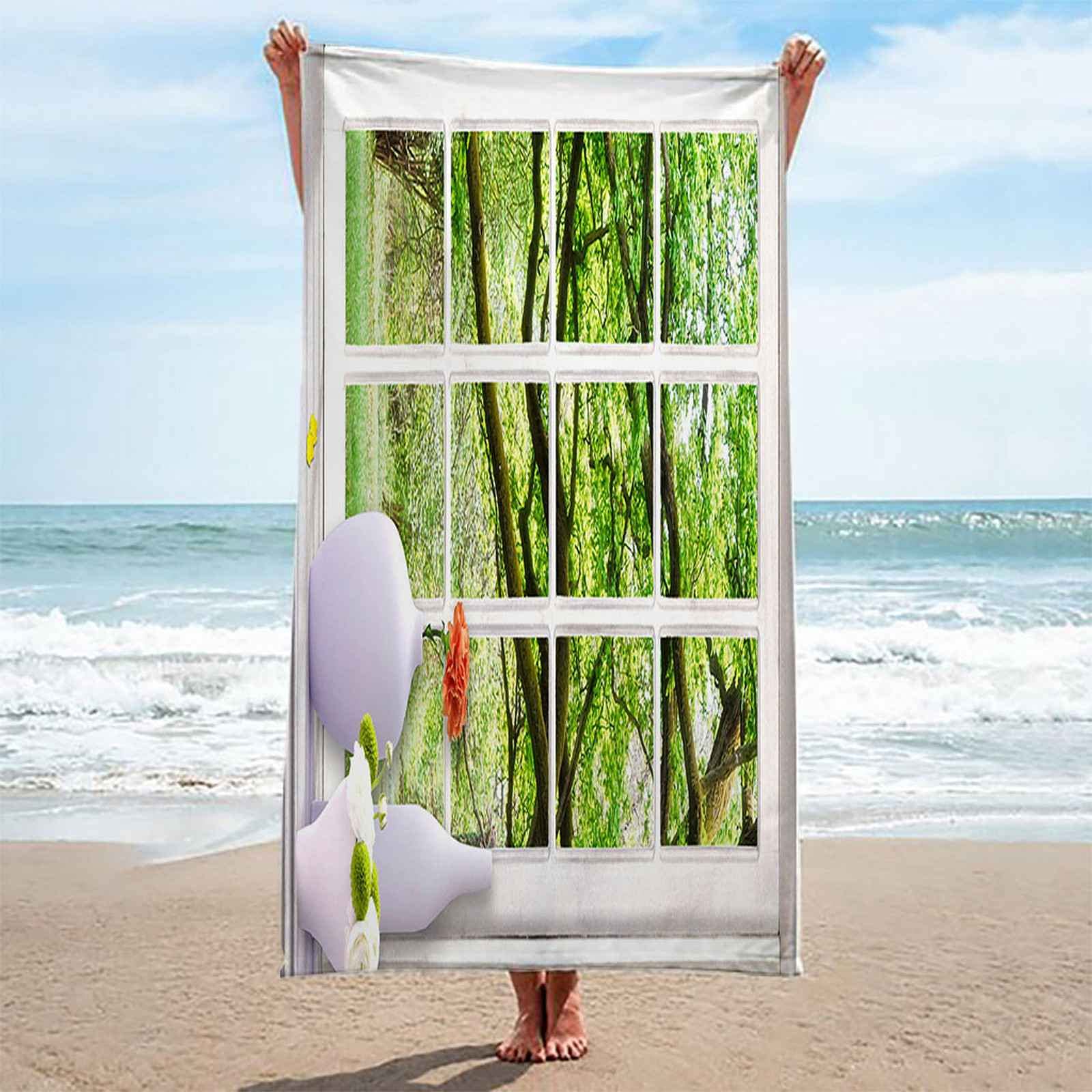 Telo Da Mare 3D Vaso Finestra Albero Verde Stampato Asciugamano Da Spiaggia 150x200cm Asciugamano Microfibra Grande Antisabbia Leggero Telo Mare Per Sport Piscina Viaggi In Famiglia Vacanze