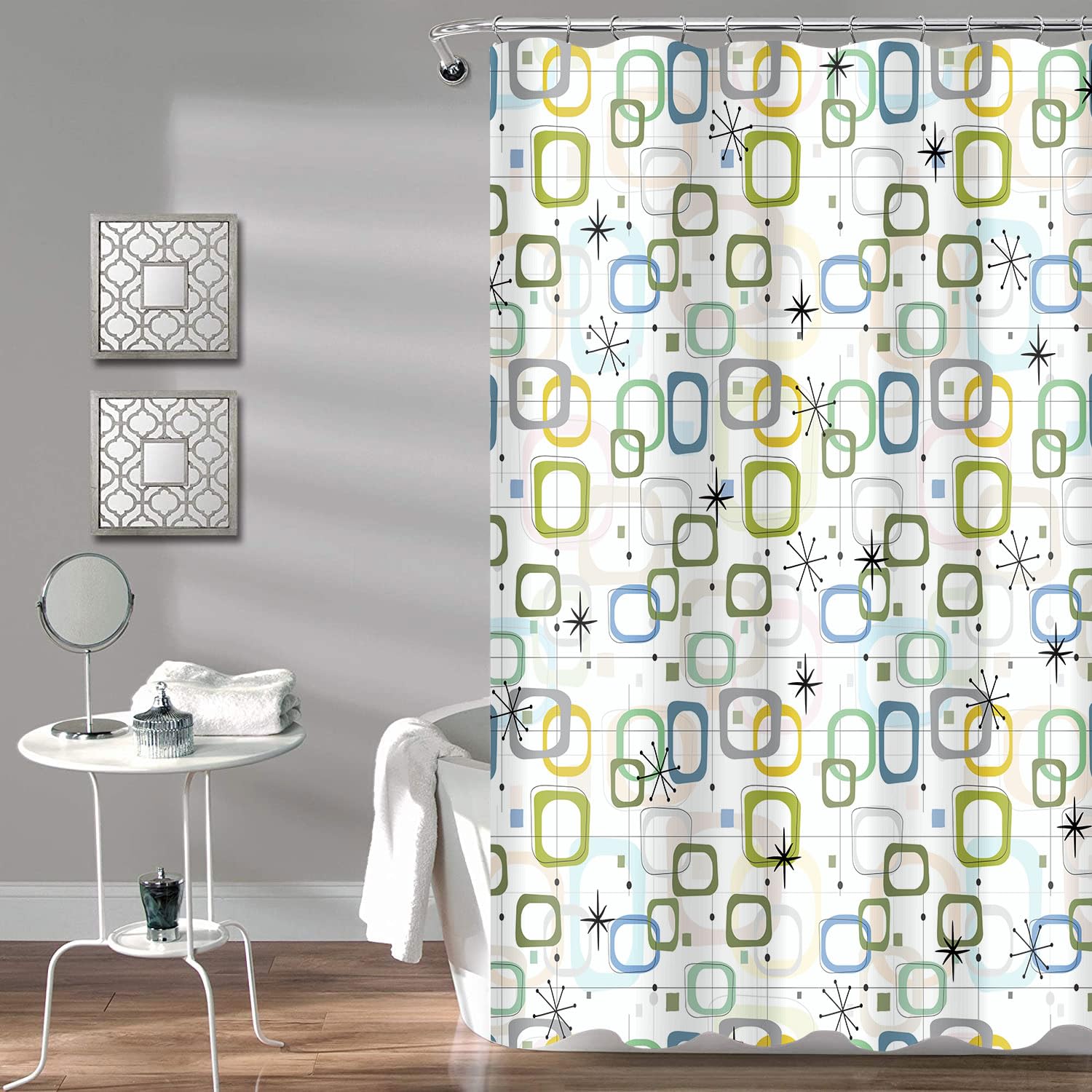 JAWO Mid Century Shower Curtain Atomic Starbursts Retro Abstract Geometric Vintage Classic Pattern Fabric for Bathroom Curtains Colorful Vintage