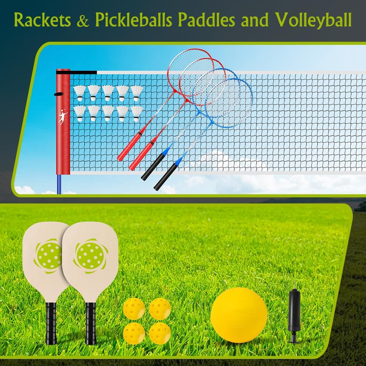 Redes de Badminton, Red Voleibol Portátil, Juego de Red Pickleball Altura Ajustable, Set Portátil para Tenis y Fútbol con Paletas de Raquetas Badminton, para Juegos en Interior y Exterior