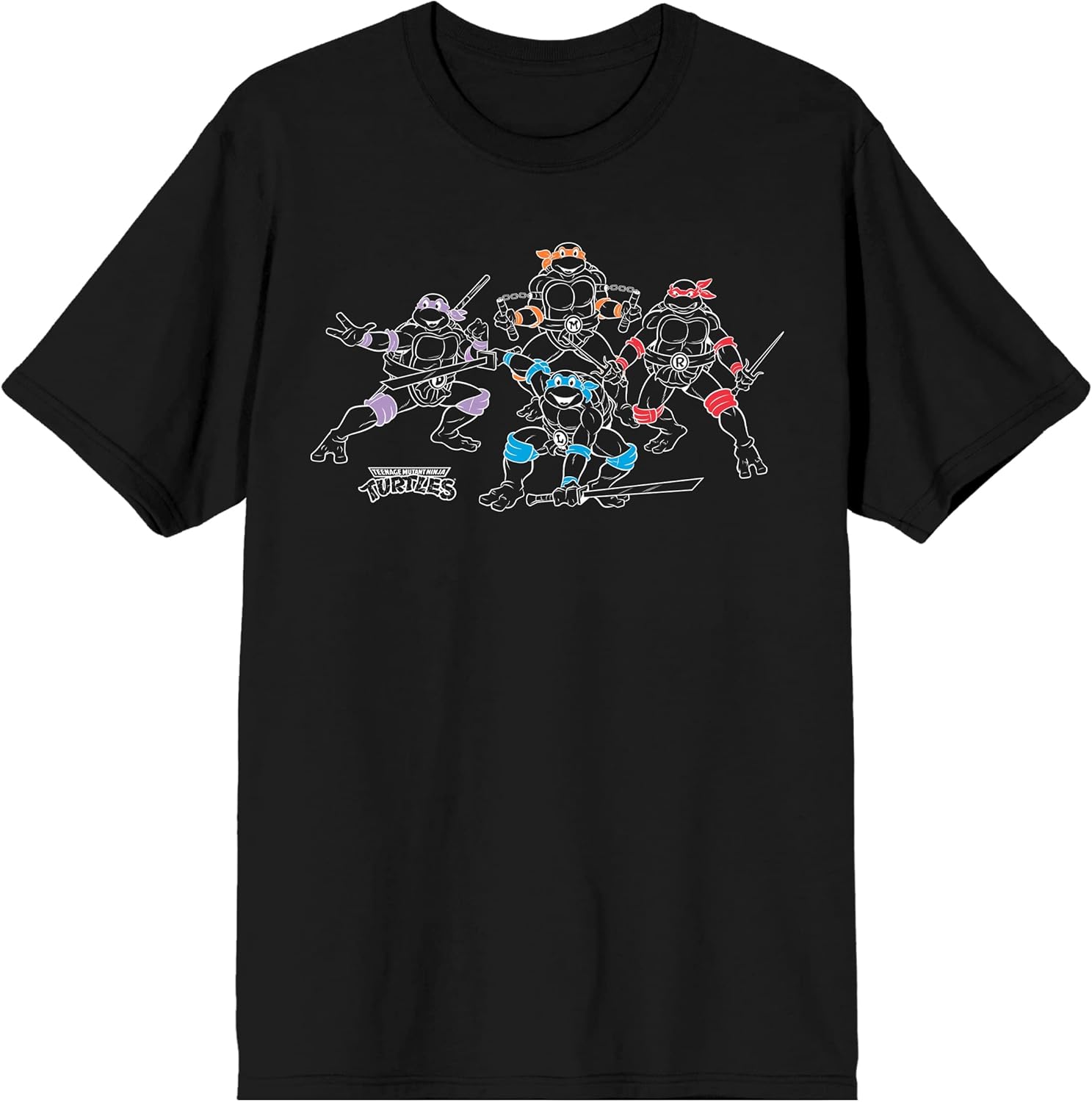 TMNT Classic Retro Cartoon Turtle Group Outline Color Pop Crew Neck Short Sleeve Men's Black T-Shirt