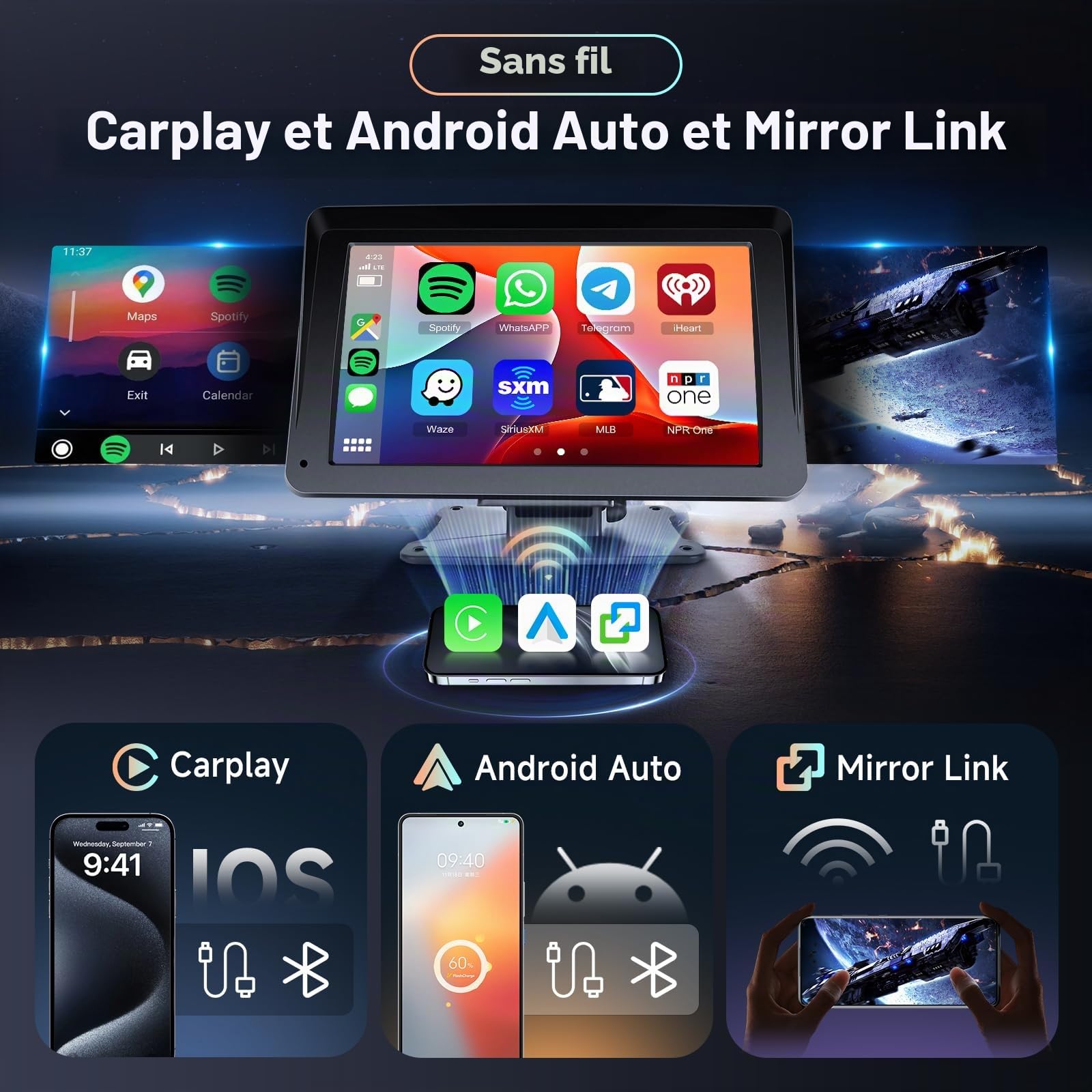 Autoradio Carplay Display pour Voitures, Portable Ecran Tactile 7 Pouces Poste Radio Voiture avec Carplay et Android Auto sans Fil Moniteur, Hodozzy Autoradio Bluetooth écran, GPS/AUX/FM Caméra Recul