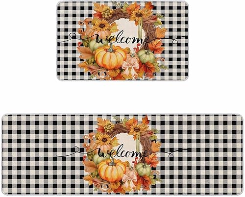 Juego de 2 alfombras de cocina de otoño, calabaza de Acción de Gracias, hojas de arce, corona de girasol, rústico, negro y blanco, tapete de cocina