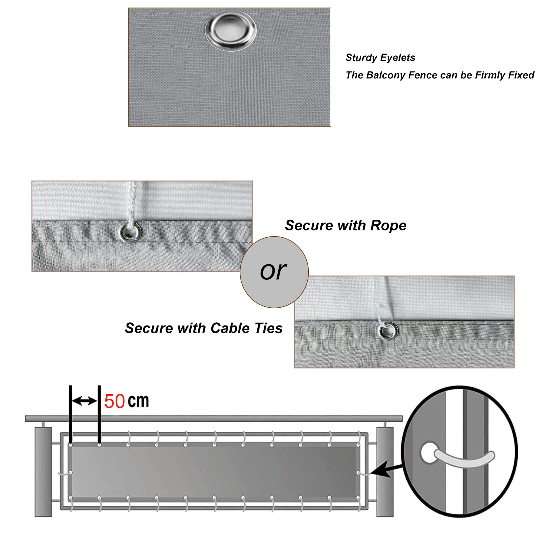 Redfire Sichtschutz für Balkon 80x350cm,Anti-Aging Balkonverkleidung Platten Blickdichte Wind Balkon Sichtschutz Teile mit Ösen Nylon Kabelbinder und Kordel für Terrasse,Grau