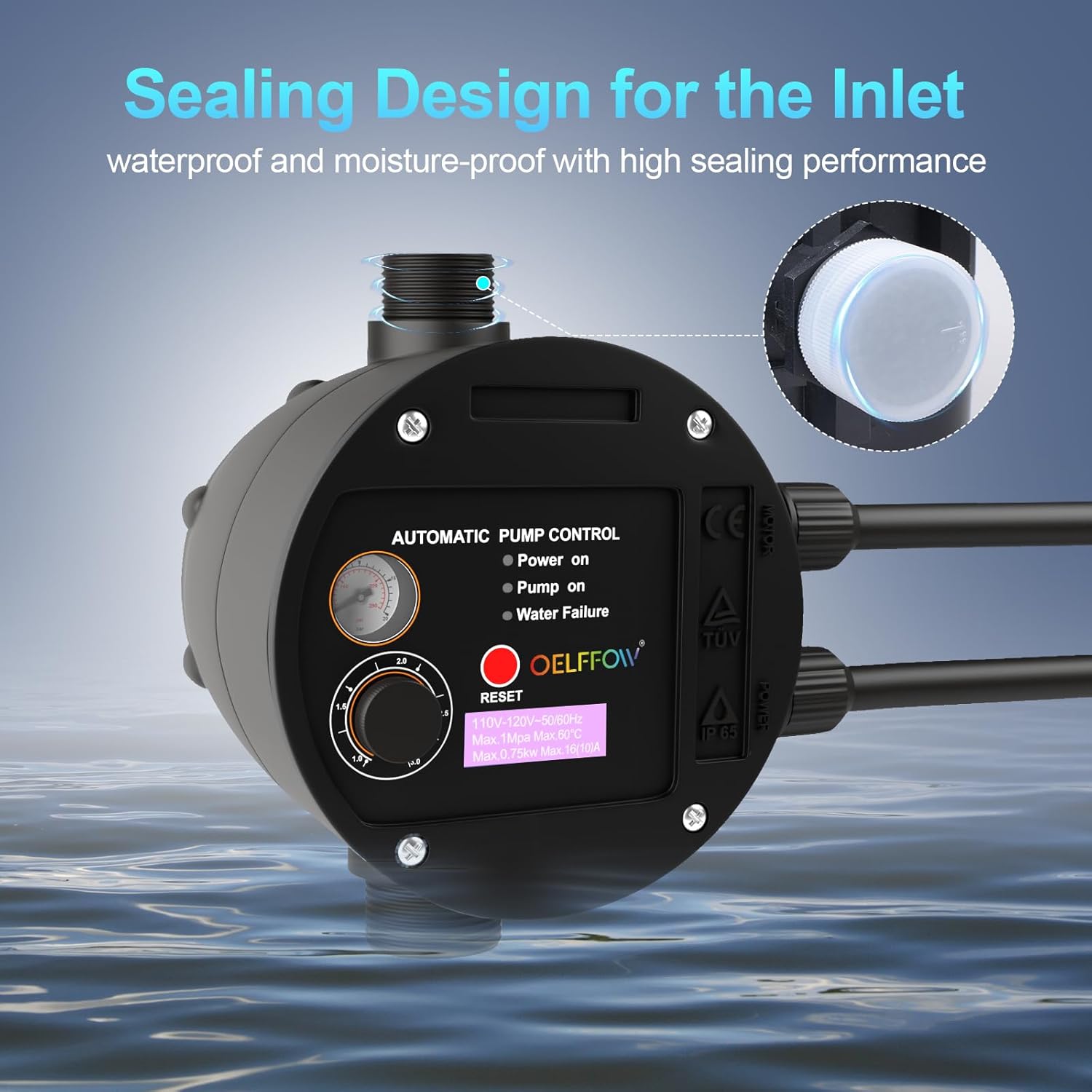 110~120V Automatic Pump Controller Rotary Adjustment with 2 Metal Pump Connectors, BSPP G1 Threaded Interface, Automatic Electronic Switch Control Water Pump Pressure Controller, TÜV, CE