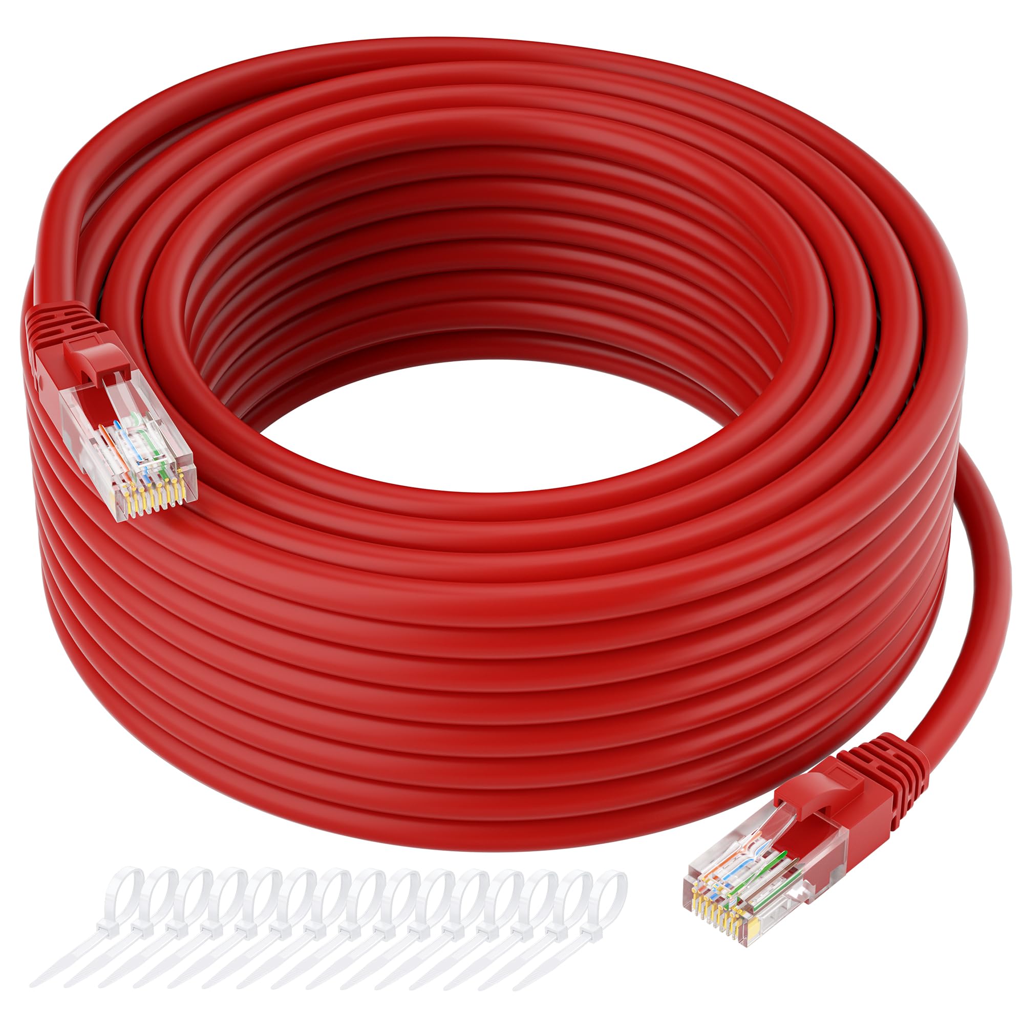 Cat5e イーサネットケーブル 150フィート Cat 5e インターネットケーブル レッド スナッグレスパッチコード フレキシブル ネットワーク LAN PoE 標準RJ45コネクタ PC、サーバー、ルーター、モデム、テレビ、PS5用 - ケーブルタイ15本付き