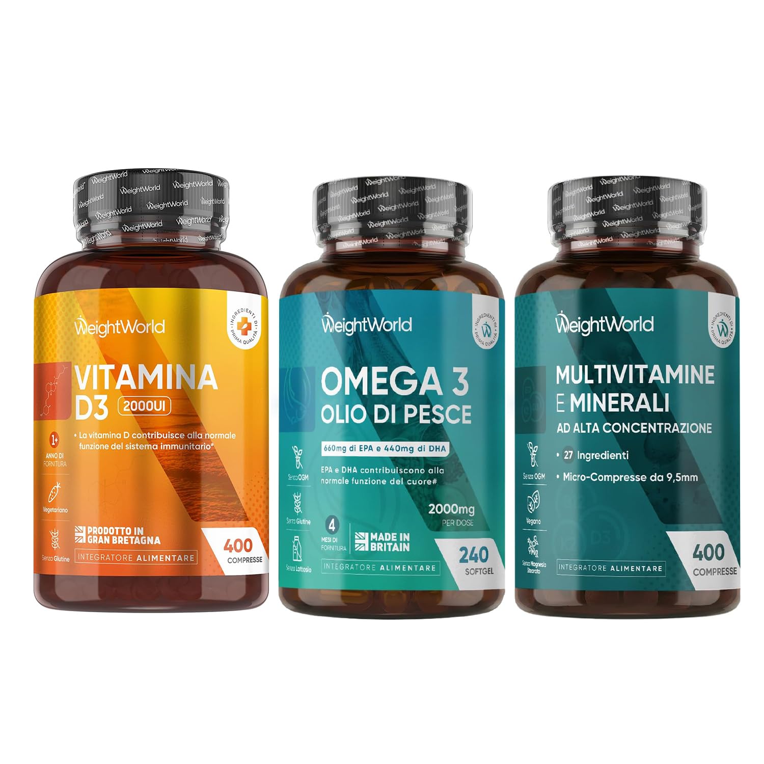 Vitamin D3 2000 UI, Omega 3 2000mg e Multivitaminico Completo Bundle, 400 + 400 Compresse + 240 Softgel, Vitamina D Colecalciferolo, Omega 3 Olio di Pesce, EPA, DHA, 27 Vitamine e Minerali