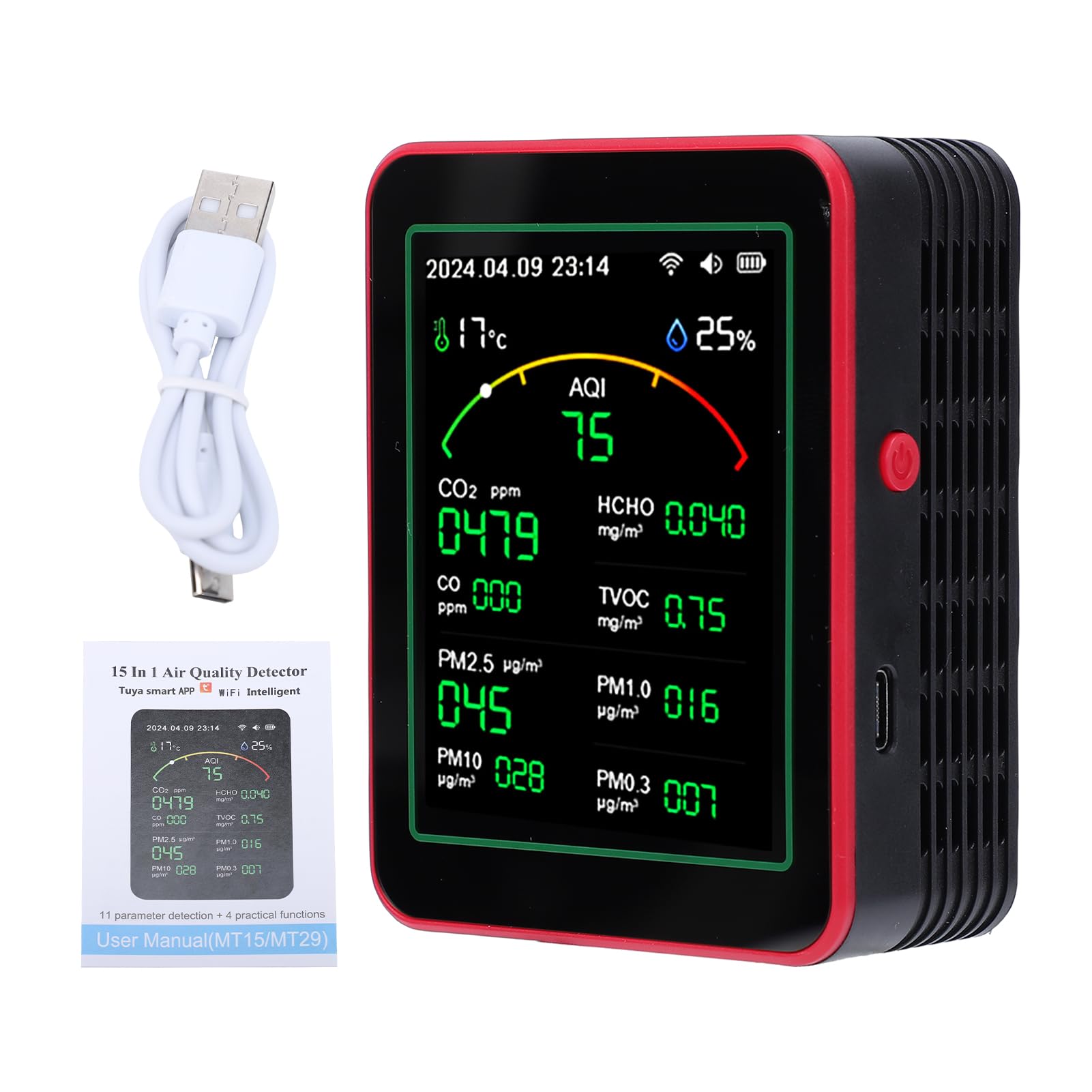 Detector de CO2, Detector de Aire Inteligente, Medidor Monitor Calidad del Aire 15 en 1 CO2 CO HCHO TVOC PM Temperatura y Humedad Probador