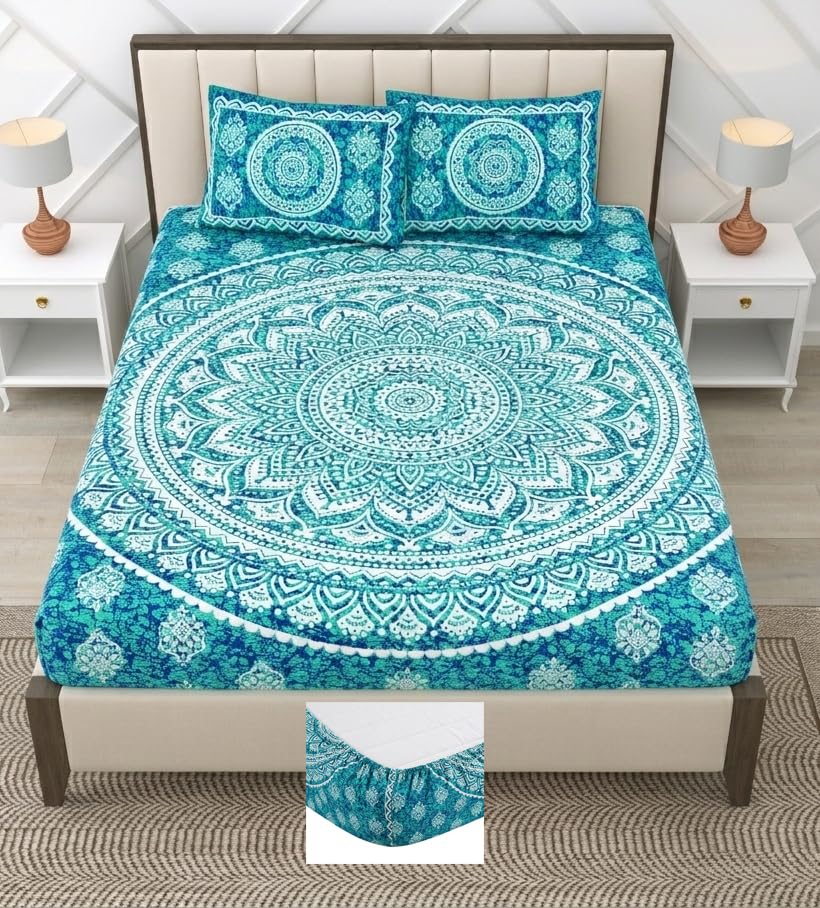 Image of RajasthaniKart Pure Cotton 144 TC Printed Double /Queen Bed Elastic Fitted Bedsheet with 2 Pillow Covers - All Around Elastic | 60 inchx78 inch, Fits Up to 8 inch Mattress | Jaipuri Print, 5298
