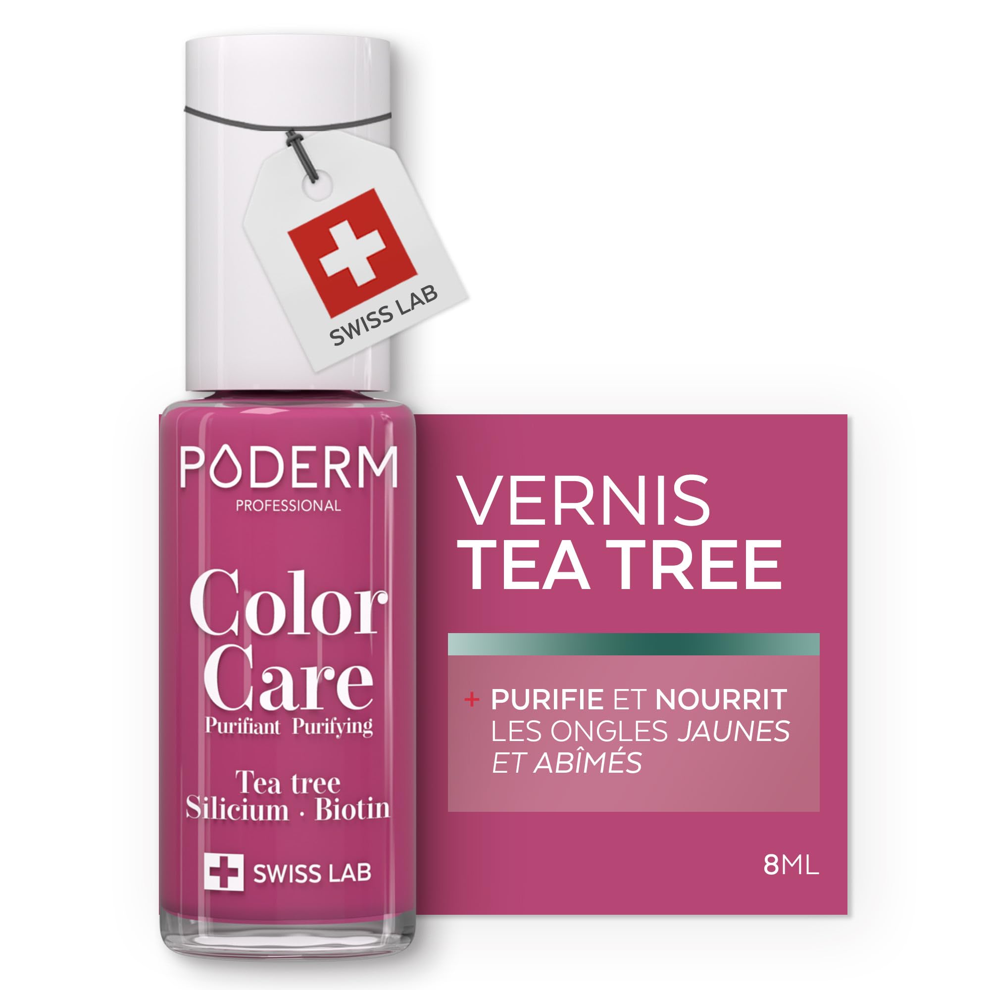 PODERM Vernis Soin au Tea Tree - Framboise | Swiss Lab - 8ML | Enrichis en Tea Tree, Silicium & Biotine | Purifie, Clarifie & Nourrit les Ongles Jaunes | Créé par une Podologue