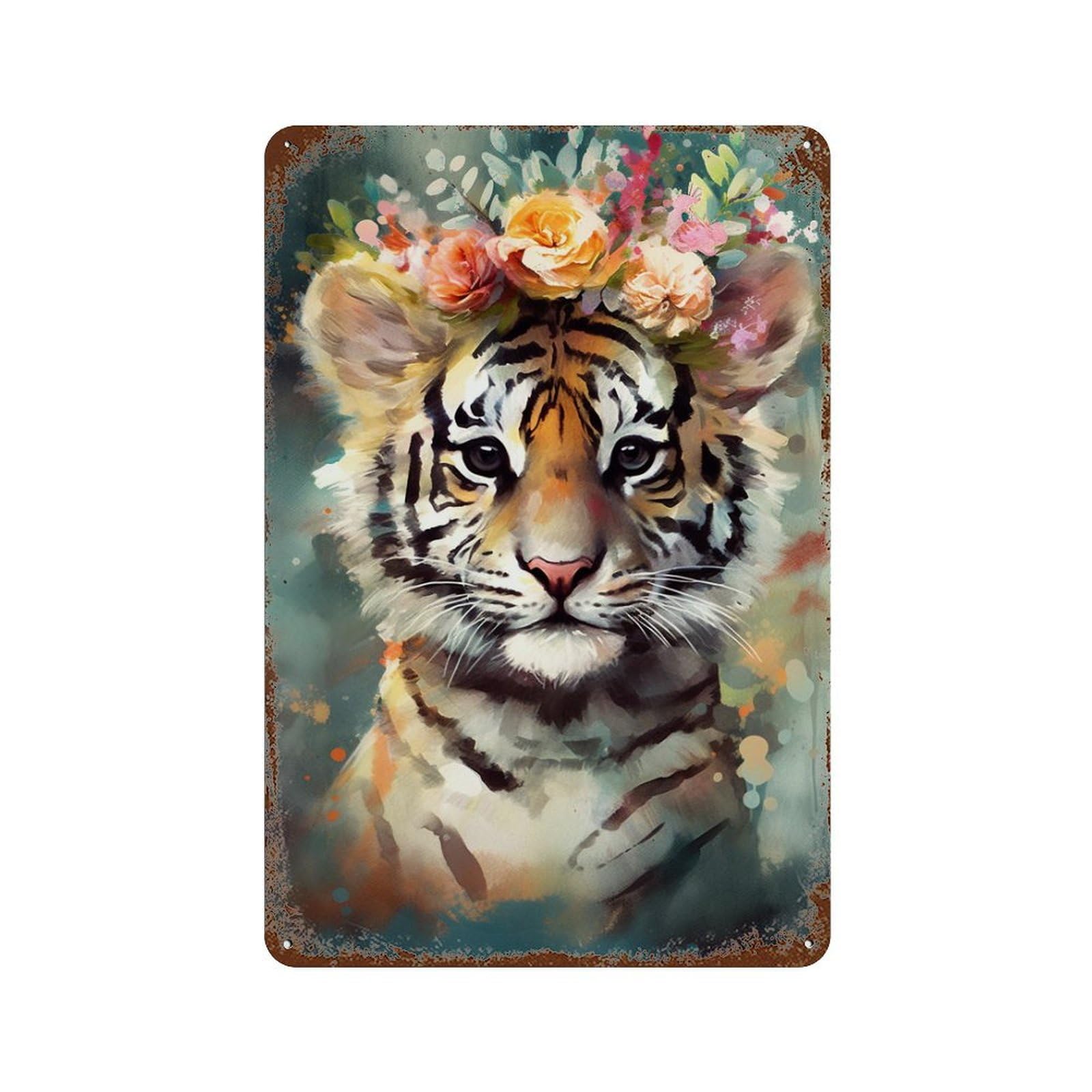 Rust Effect Tiger Cub with Flower Crown Rusty Metal Tin Sign 11.8"x7.9", Industrial Home Decor for Living Room, Hallway And Home Decor