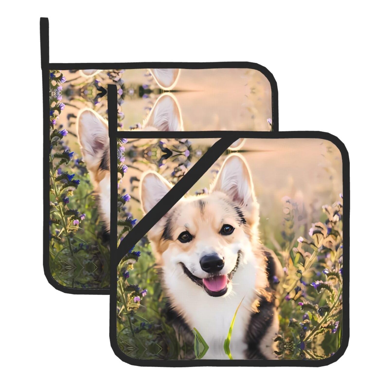 WHJSHOP Dog Prints Square Hot Pads for Kitchen - Waterproof Pot Covers with Hanging Loops - Thick Heat Resistant Trivets for Serving & BBQ, 2-Piece Set
