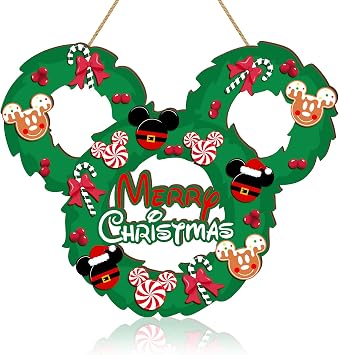 Christmas Mouse Door Sign Decorations, Merry Christmas Wooden Door Hanging Sign Wreath Ornaments for Front Door Decor Peppermint Candy Mouse Shaped Winter Wall Xmas Party Holiday Supplies Green