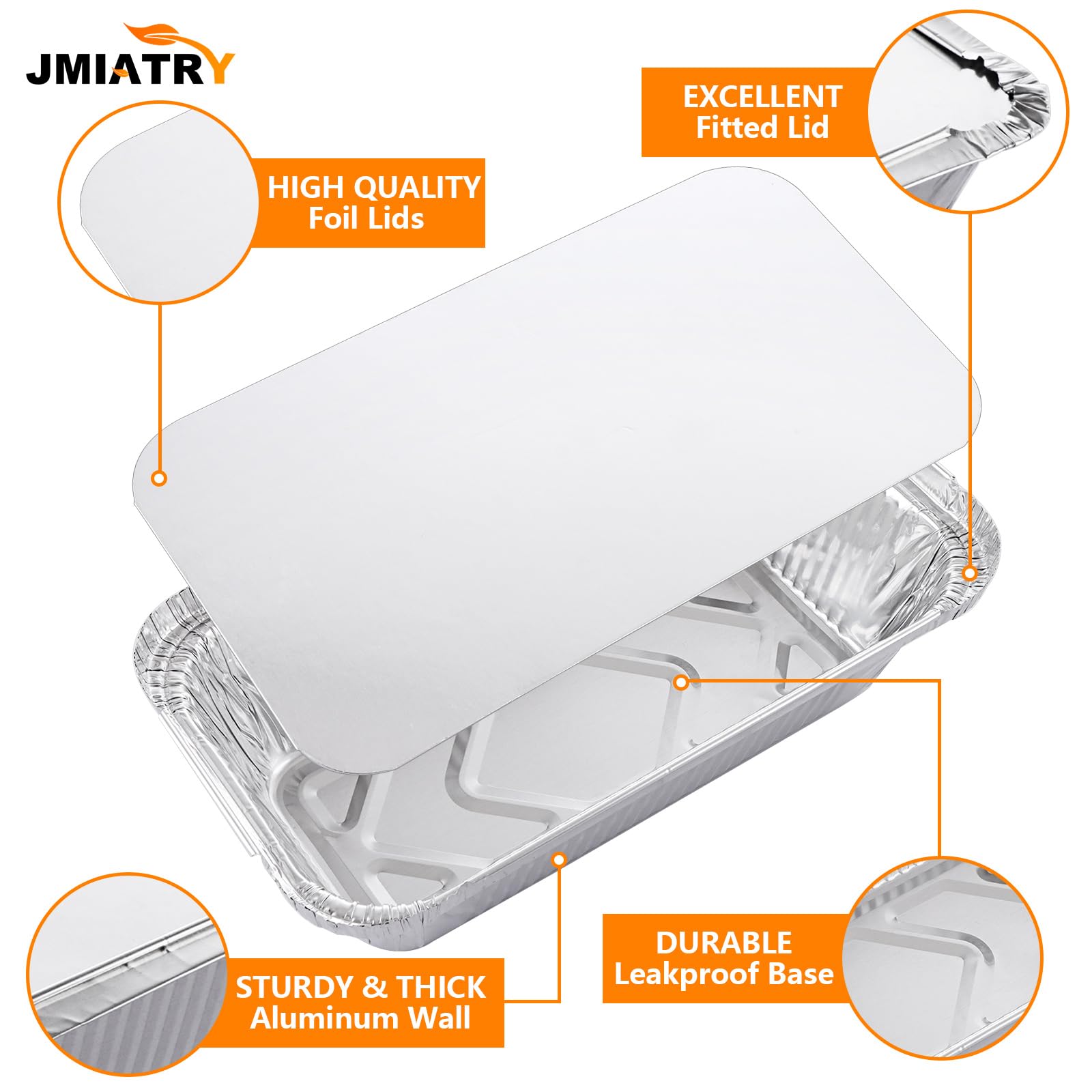 JMIATRY 125 bandejas de aluminio con tapas, 20 x 11 x 5,6 cm, recipientes desechables para alimentos con tapas, bandejas de aluminio de 680 ml para almacenamiento de alimentos, asar, hornear, asar y