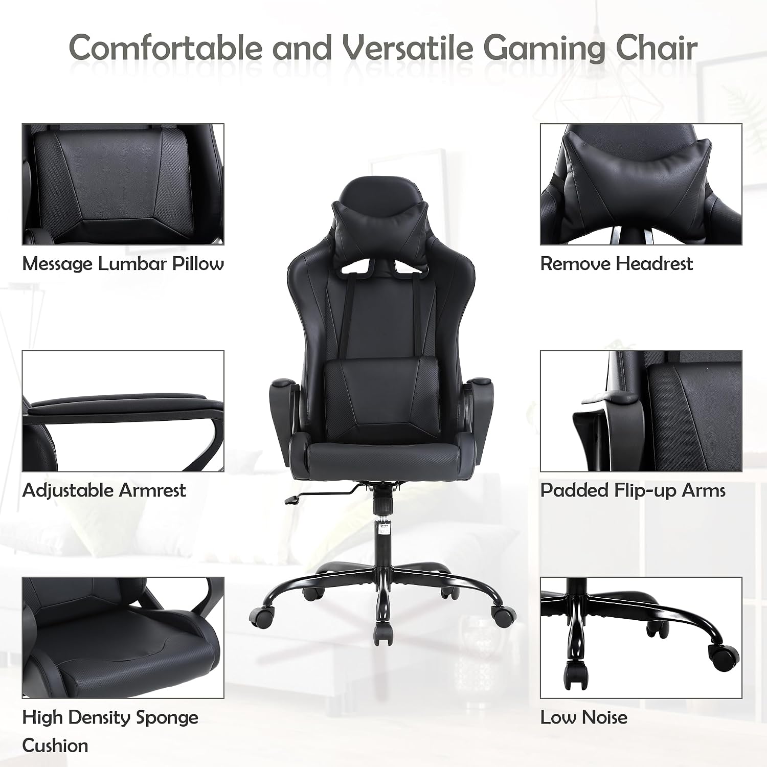 Black Gaming Chair - High Back Ergonomic Office & PC Gaming Chair with Wheels, Reclining & Adjustable Headrest & Lumbar Support