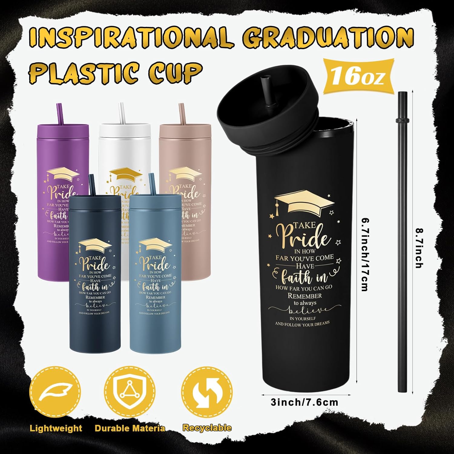 Blushtier 12 Pcs Class of 2026 Graduation Gifts Bulk 16 oz Graduation Water Bottle Senior Night Cups Gifts 2026 Grad Party Favors for Guests Inspirational Plastic Tumbler with Lid Straw (Colorful)