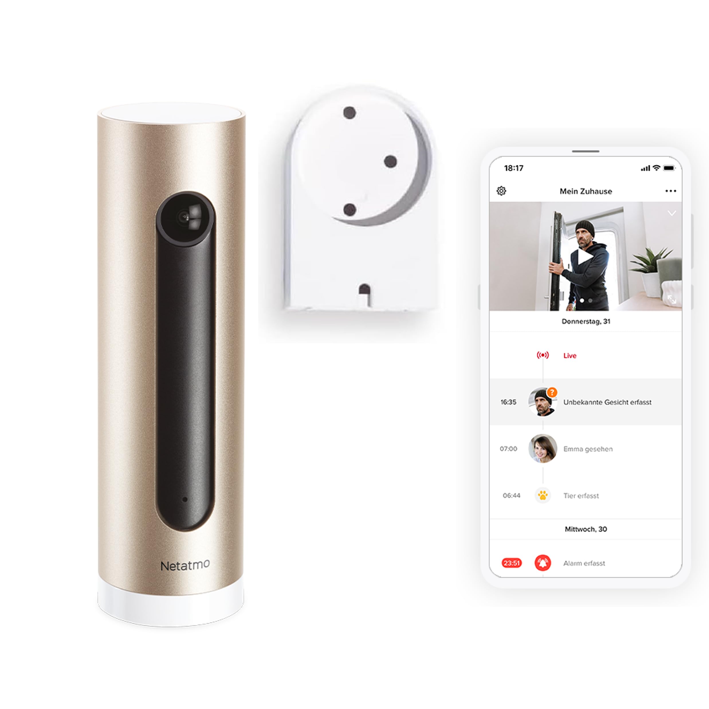 Netatmo Smarte Überwachungskamera Innen mit Wandhalterung, WLAN, Full HD, Bewegungserkennung, Nachtsicht,bis zu 32 GB lokaler Speicher auf MicroSD-Karte, Live Übertragung, Ohne Abonnement, NSC-AMZ