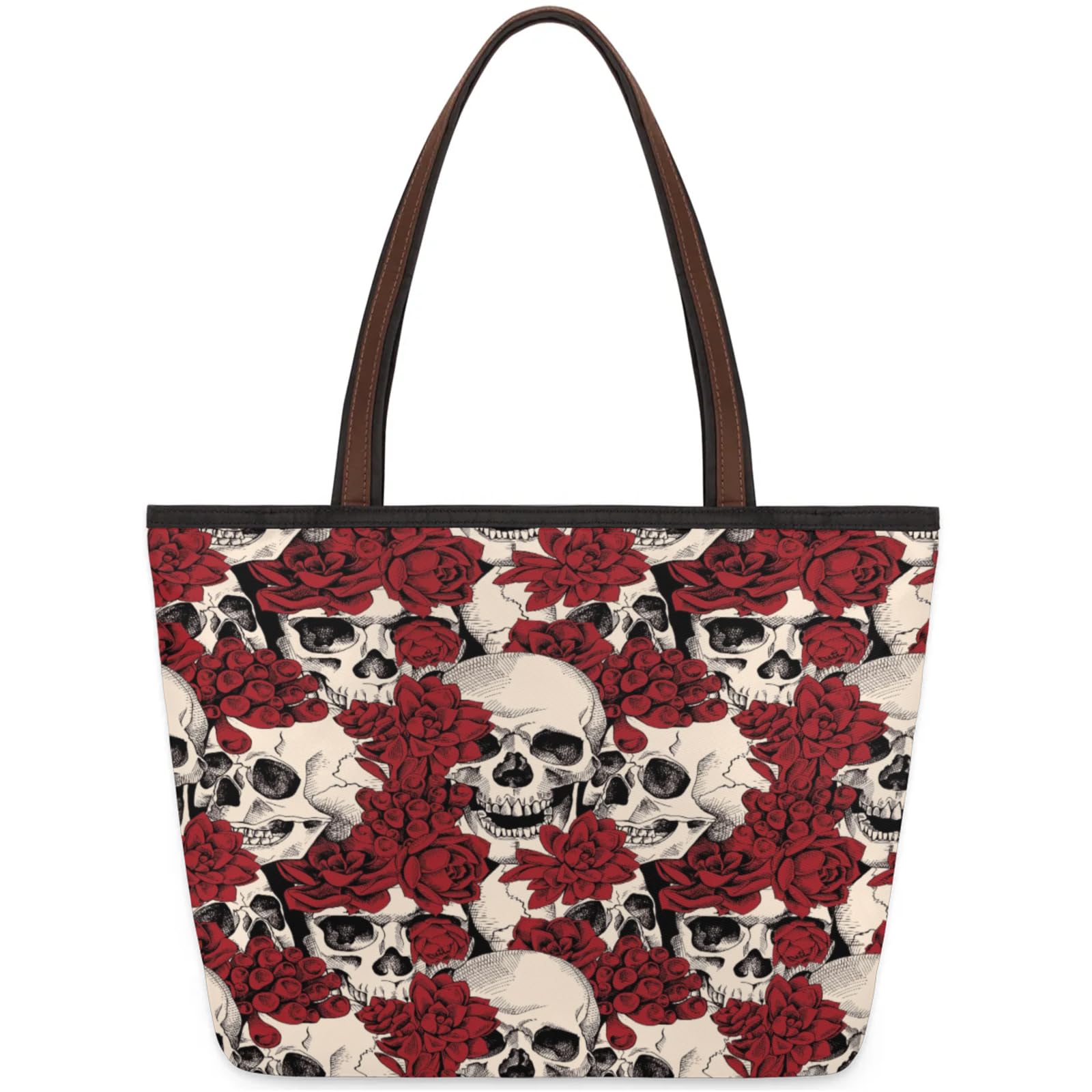 Hand Painted Skull Roses Tote Bag Multi Pocket Zippered Beach Bag Lightweight Waterproof Handbag for Women Men Work Gym Travel Swimming Yoga Grocery Shopping M