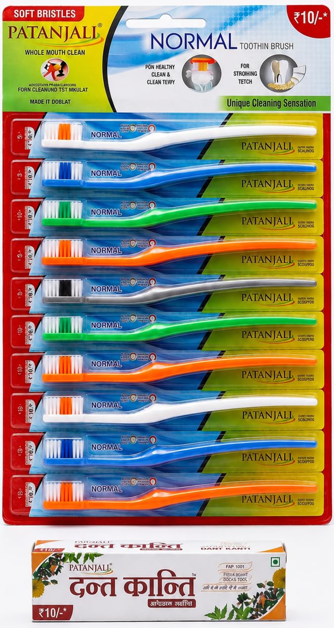 Patanjali Normal Toothbrush with Soft Bristles, Pack of 10 with 1 Free Dant Kanti Toothpaste 18g-picture-20