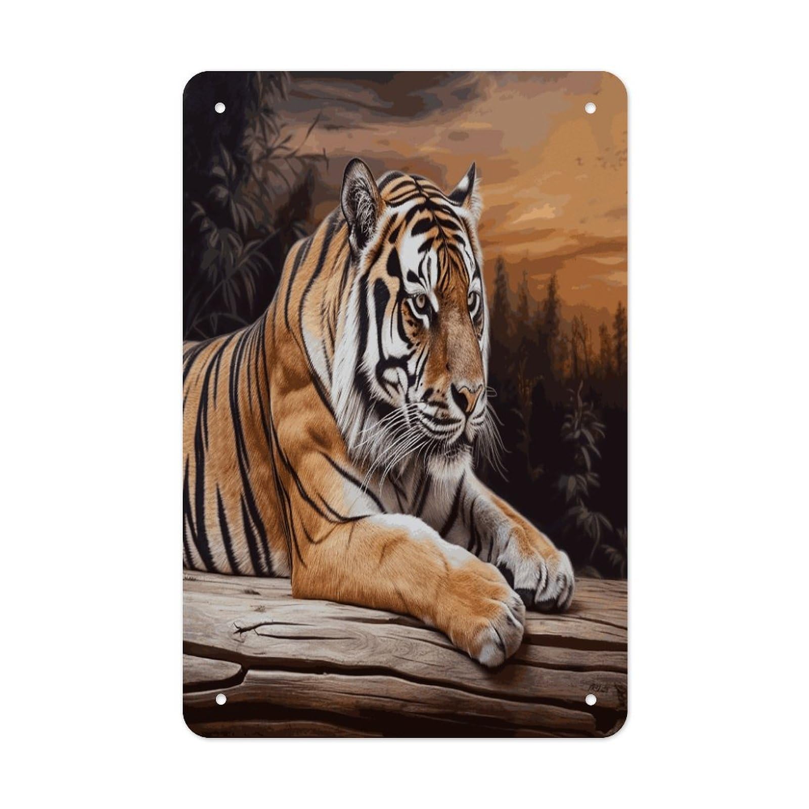 LDGSUPH Tiger Lying on Wood Wall Art Prints Folded Edge Iron Sheet Painting with Holes for Wall Prints Decorative Picture Metal Signboard Decor Painting for Outdoor Indoor Wall Decor