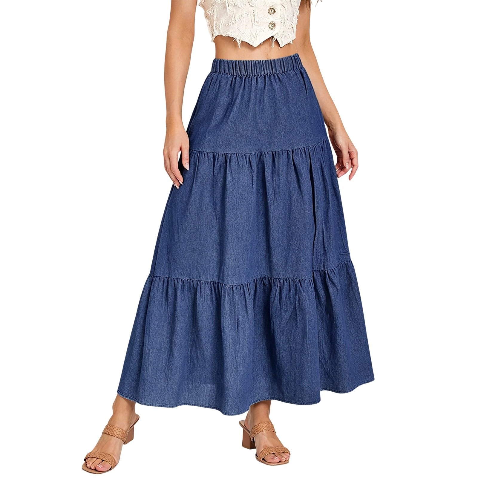 Falda Larga Vaquera Informal para Uso Diario, Falda Vaquera de Largo Midi para Verano y Entretiempo, Cintura Alta con Botones, Corte Recto, Bolsillos, Denim Suave