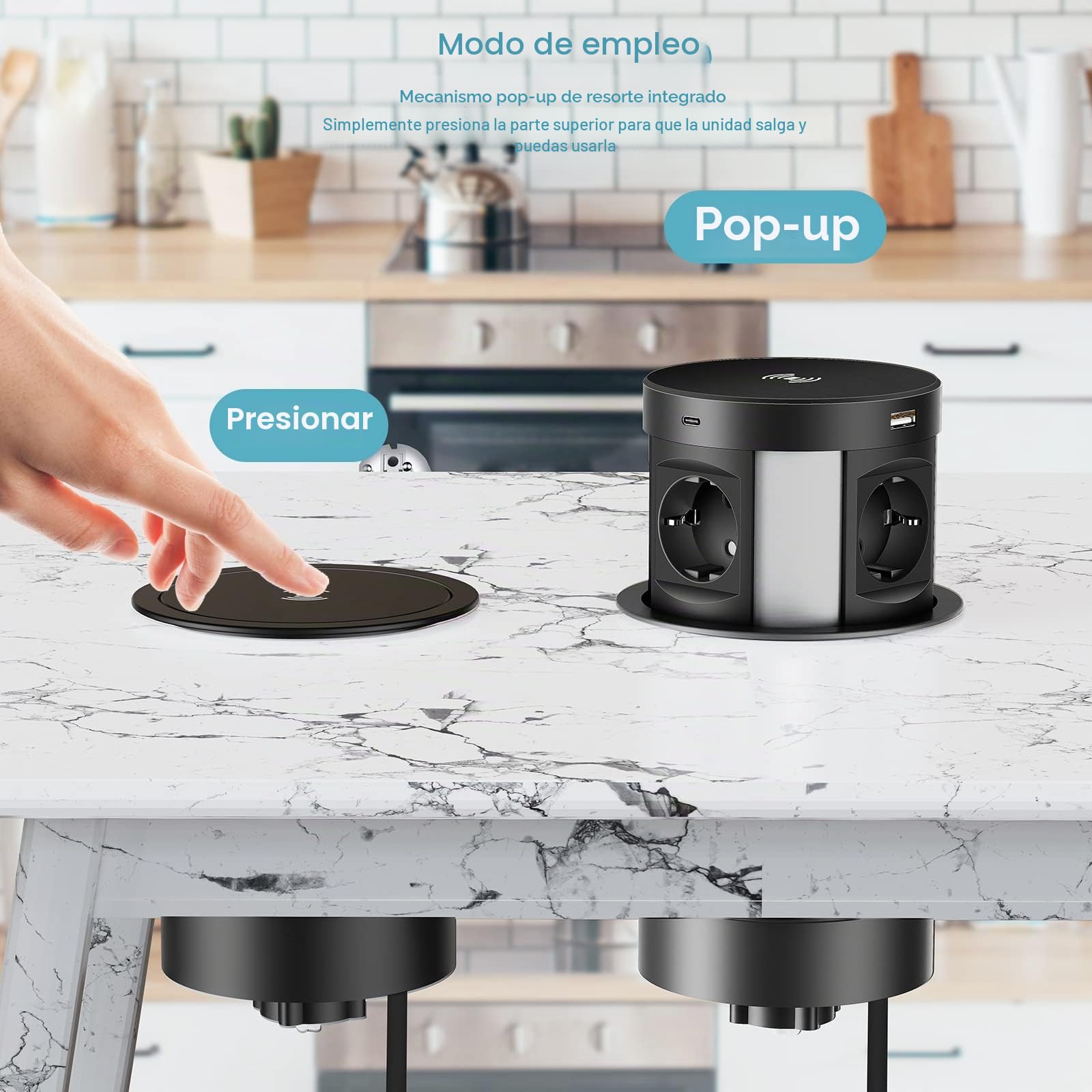 Enchufe Empotrable Mesa USB C 4 Enchufes, Regleta Enchufes con 4 USB Empotrable Retráctil, Regleta de Mesa con Cargador Inalámbrico, 3680W/16A, 1,7m Cables, Negro
