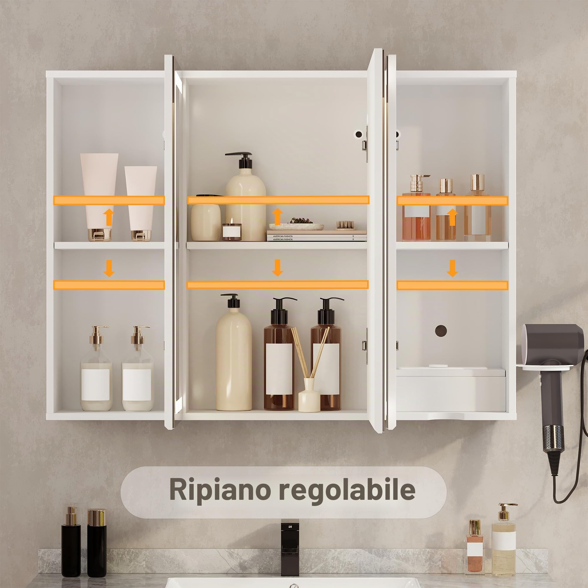 Xbro Armadietto Bagno con Specchio e Luce LED Regolabile, Mobile Bagno con Presa e Ripiano Laterale, Specchio Bagno Contenitore Sospeso per Spazi Compatti 80x16x60 cm