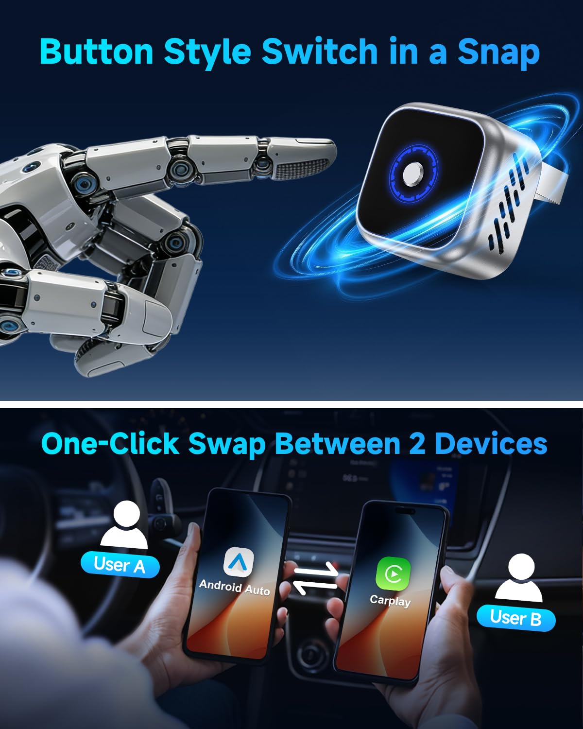 Ultra Mini Android Auto & CarPlay Wireless Adapter, One-Click Switch, 3s Auto Reconnect,Latest A9 Chip 5.8GHZ WiFi, 5.4 Bluetooth, USB-C/USB-A/Extension Cable, Compatible with iOS10+, Android 10+ - 2