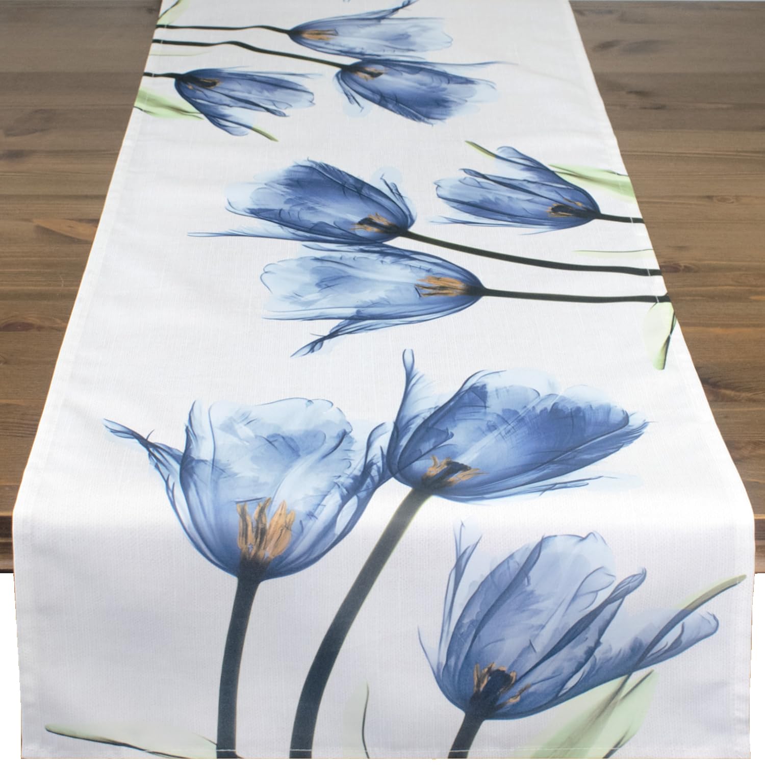 Delindo Lifestyle Blue Table Runner Tulips Beige Cream Modern Printed Motif Tablecloth For Spring And Summer 40 X 140 Cm