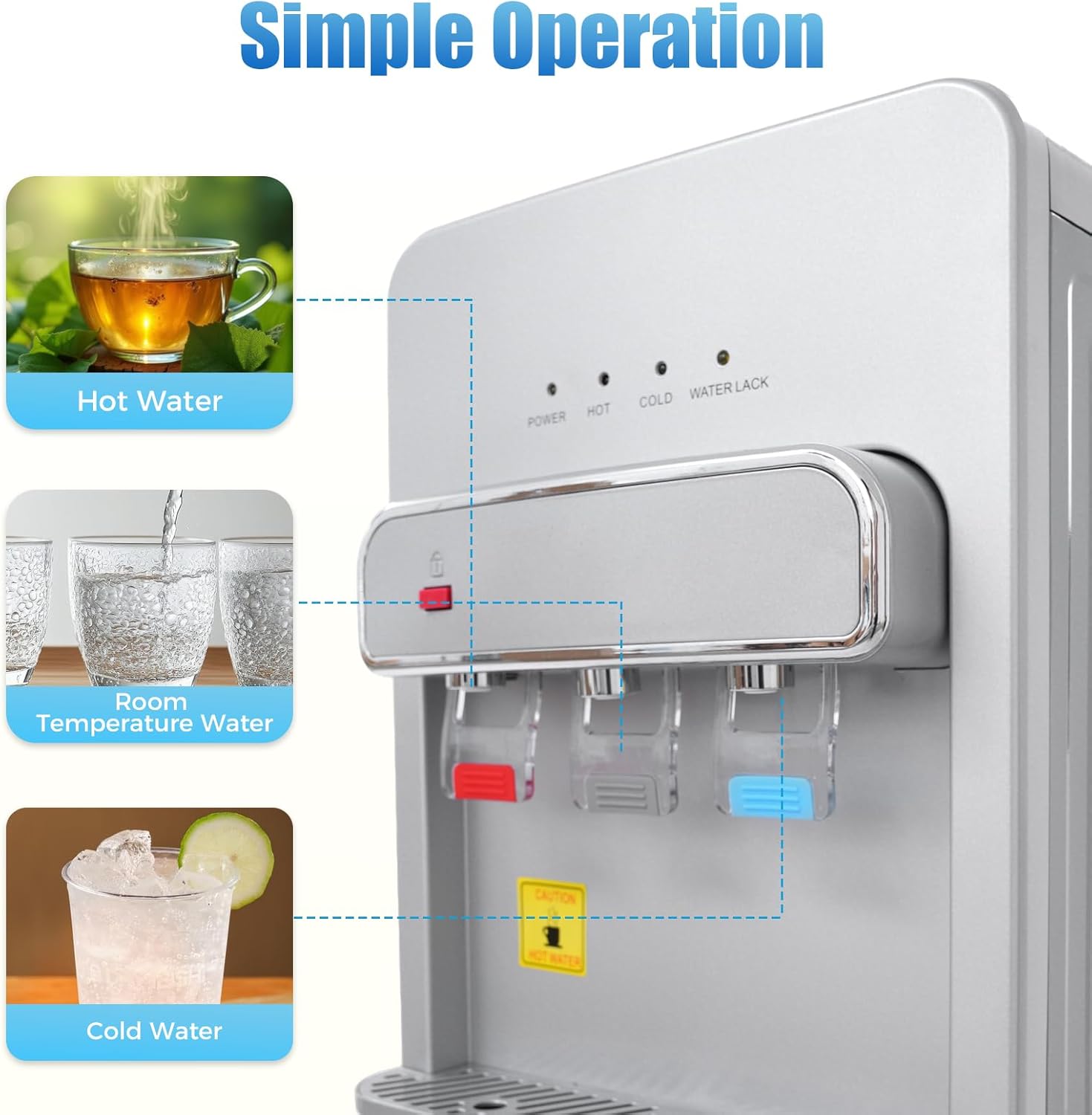 Bottom Loading Water Cooler Dispenser 3 Temperature Settings Hot, Cold & Room Water, Water Dispenser for 3 or 5 Gallon Bottles Heating Capacity 1.32Gal/H, Cooling 0.53Gal/H (Silver 550W)