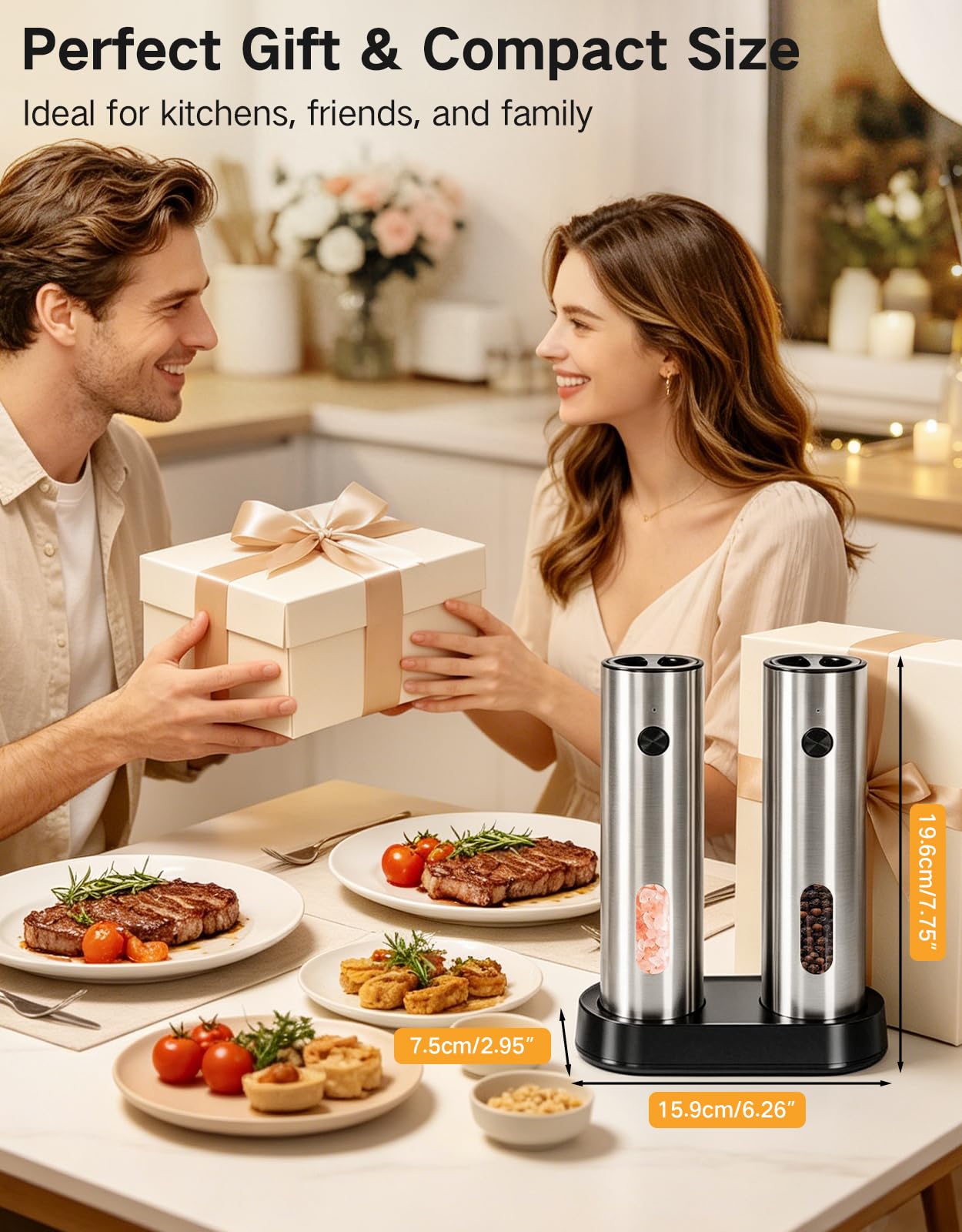 Molinillo Eléctrico de Sal y Pimienta Recargable 110 ml, Gran Capacidad, Base de Carga USB-C, Luz LED, Molienda Automática Ajustable, Perfecto para Cocina y Hogar