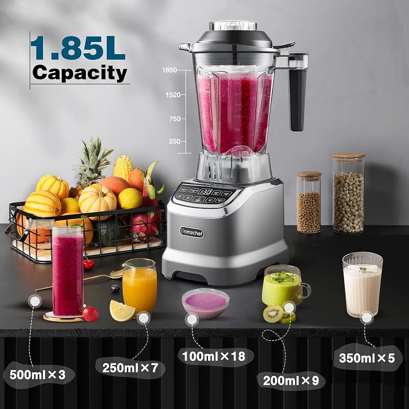 AMZCHEF 2000W Turmixgép 2in1 Állvány Mixer - 1,85L + 600ml Tartály 6 Pengés Smoothie Készítő LED Kijelzővel Szürke