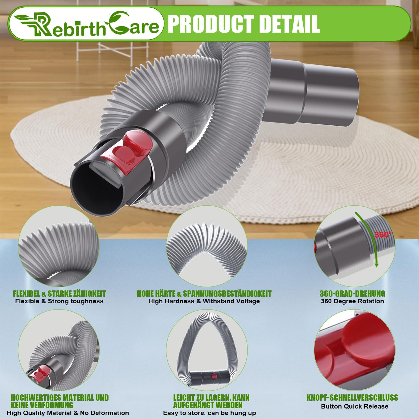 Rebirthcare Tubo Flessibile per Dy.son V15 V11 V12 V10 V8 V7 G5 SV10 SV11 SV12 SV14 Aspirapolvere - Accessorio di Ricambio Estensibile Fino a 172cm