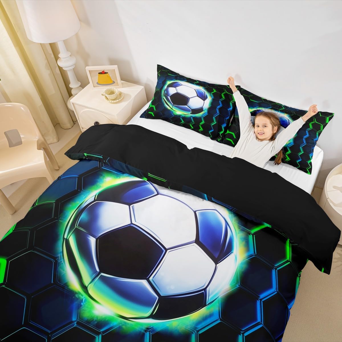 Manfei Football Duvet Cover Set Full Size,Soccer Game Ball Sports Kids Bedding Set,Geometric Honeycomb Hexagon Room Decor,Black Green Quilt Cover,2 Pillowcases(No Comforter)