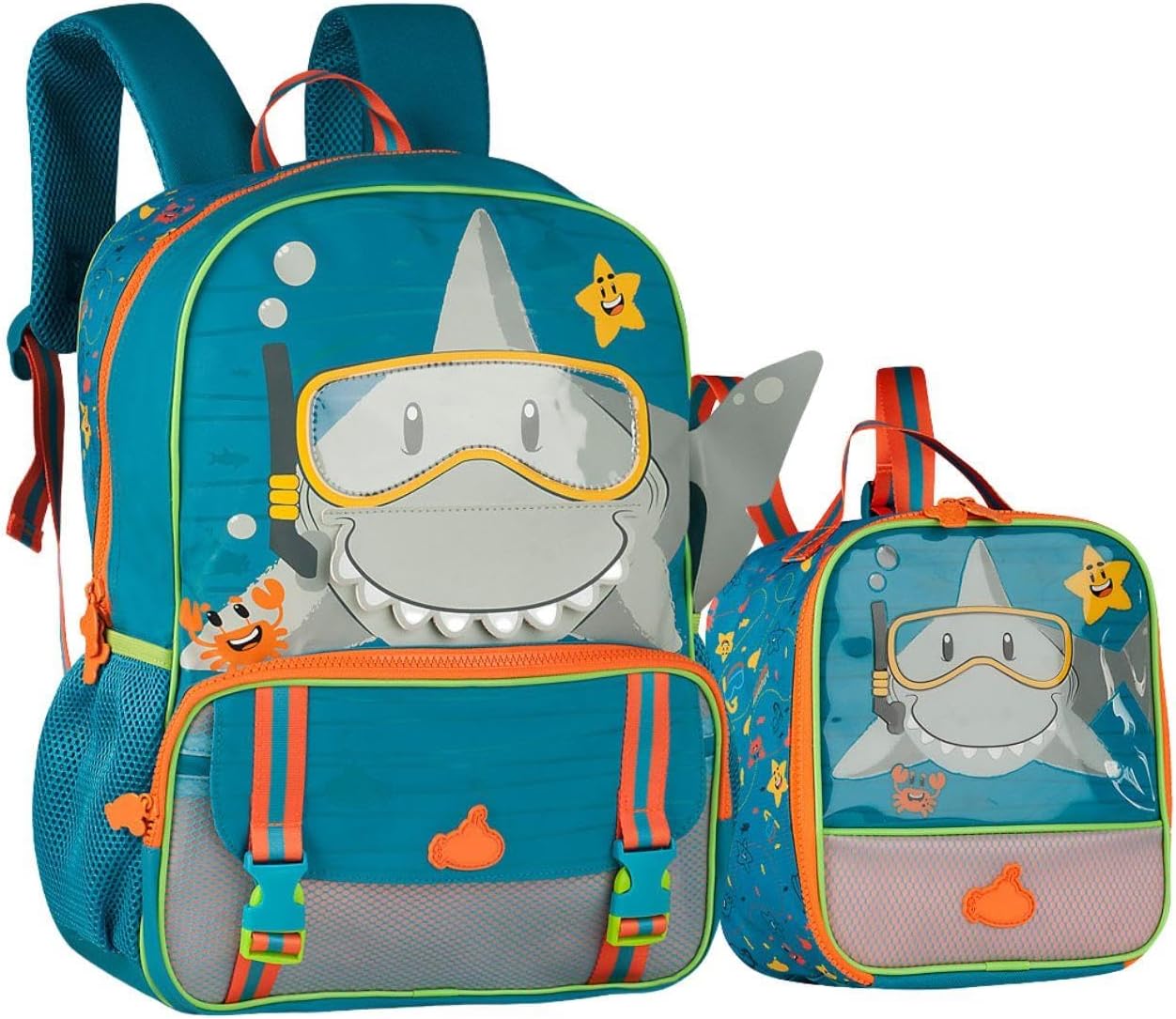 Conjunto Escolar Infantil Mochila e Lancheira Térmica, com Alças Acolchoadas e Bolsos Laterais, Material Reforçado, P/Meninos Criança, Estampa Divertida