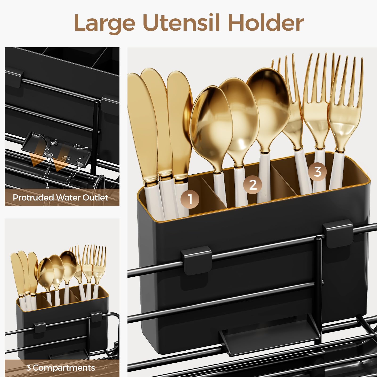 kingrack Égouttoir à Vaisselle Extensible - Égouttoir à Vaisselle Pliable pour compteurs de Cuisine - en Acier Inoxydable - avec Porte-Couverts - Noir