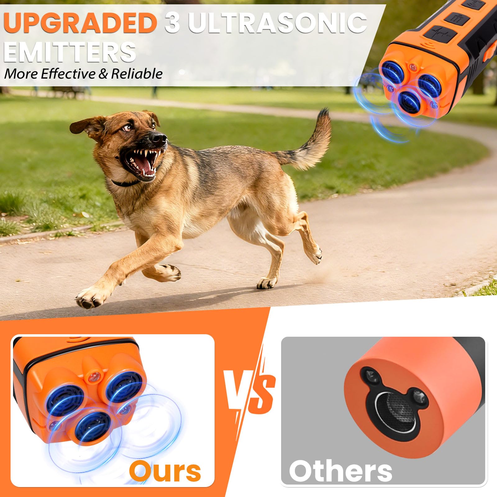 Appareil de Dissuasion à Ultrasons pour Chien, 3 Modes Dispositif Anti-Aboiement à Ultrasons, Portée 10M Portée avec Lampe de Poche, Adapté aux Chiens Petits à Grands
