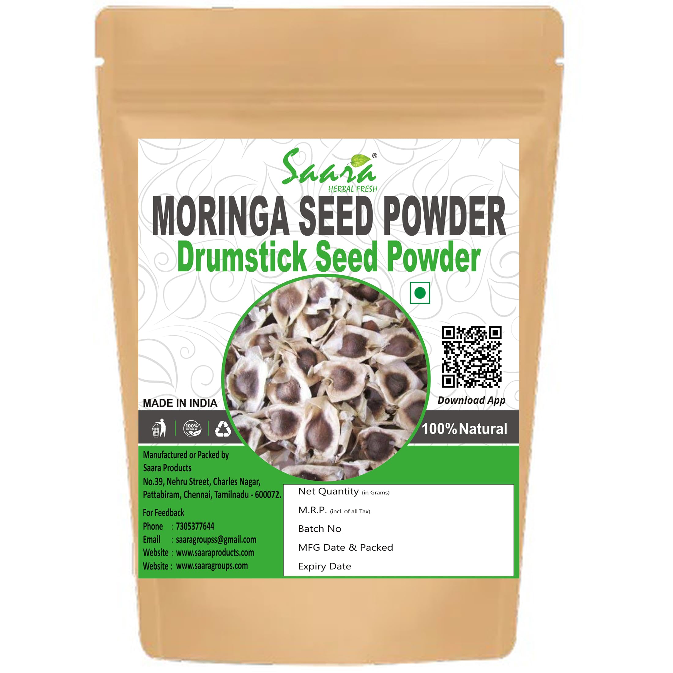 SAARA Herbal Fresh Murungai Vidhai Powder, 101G, Moringa, Drumstick Seed Powder, Mulaga Chettu, Ahijan, Muringai, Murungai Vithai Powder, (Pack Of 1X 101G), Vegetable Masala