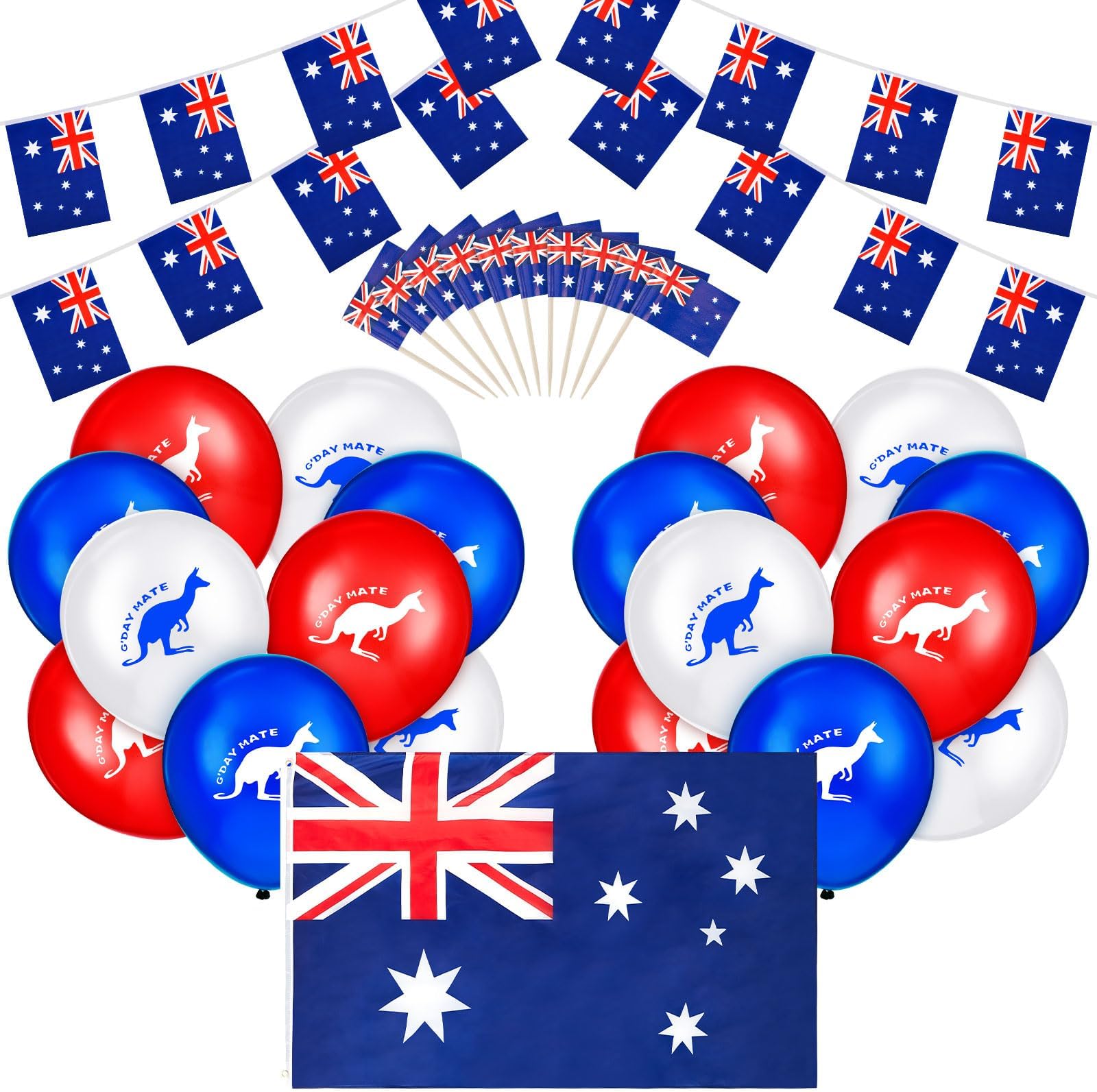 Harrycle 122 Pcs Australian Party Decoration Include 1 Large Australian Flag, 100 Food Flags Sticks, 18 Kangaroo Balloons, 2 Ribbons, 5 Meters Australian Flag Bunting Banner for Birthday Australia Day
