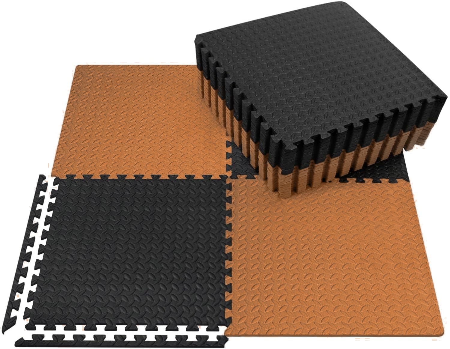 gsquare fitness puzzle mat, gym floor mat, exercise mat, eva foam interlocking tiles, protective flooring for gym equipment and workouts, 12mm extra thick (brown - black, 4 mats - 16 sqft)