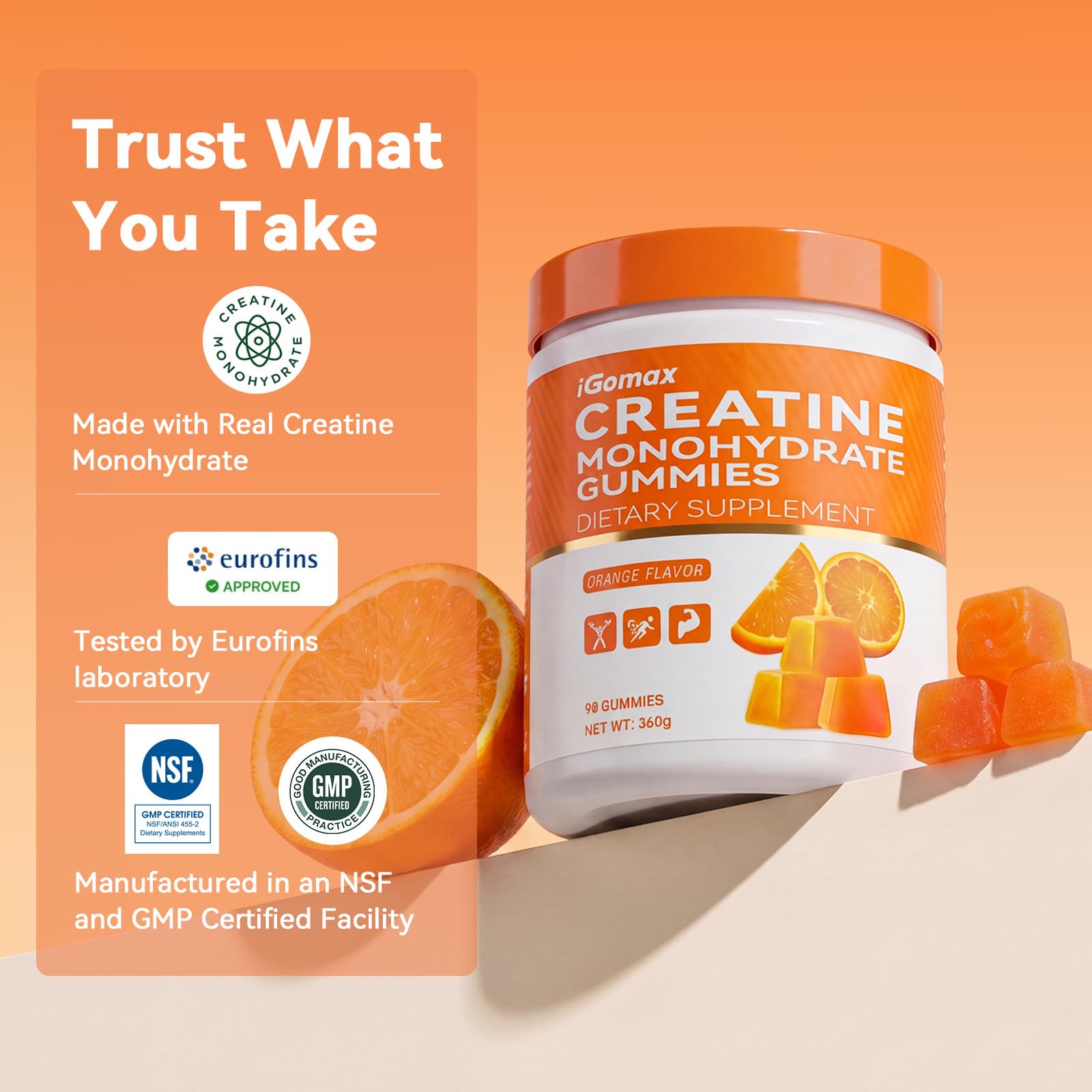 Creatine Monohydrate Gummies 4500mg Per Serving, Creatine Gummies Dietary Supplement for Men & Women, No Added Sugar, Non-GMO, Gluten Free, 90 Gummies, Orange Flavor — Amazon image 6