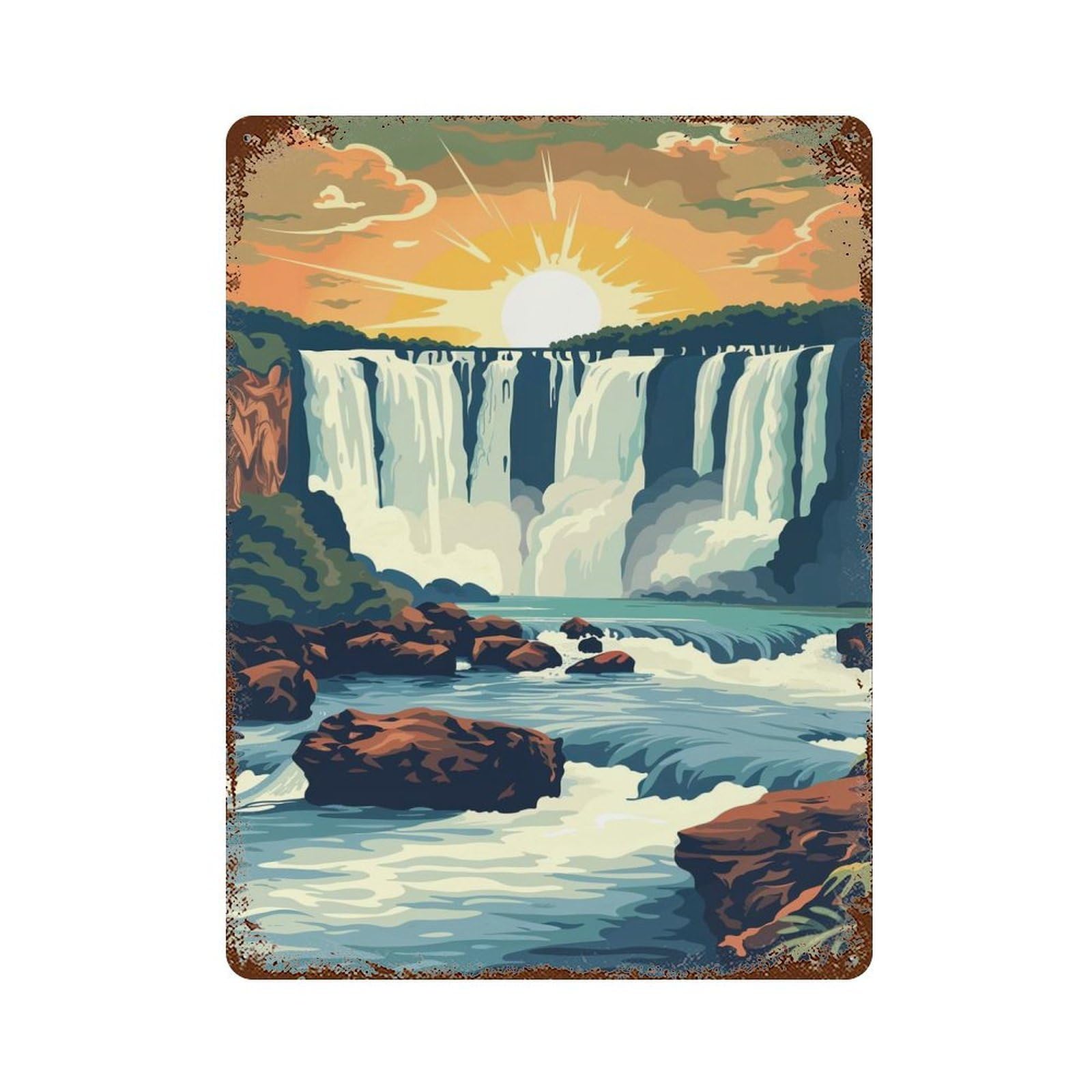 Iguazu Falls Sunset Weathered Tin Sign 15.7"x11.8", Ideal for Basement, Hobby Room And Garage Decor