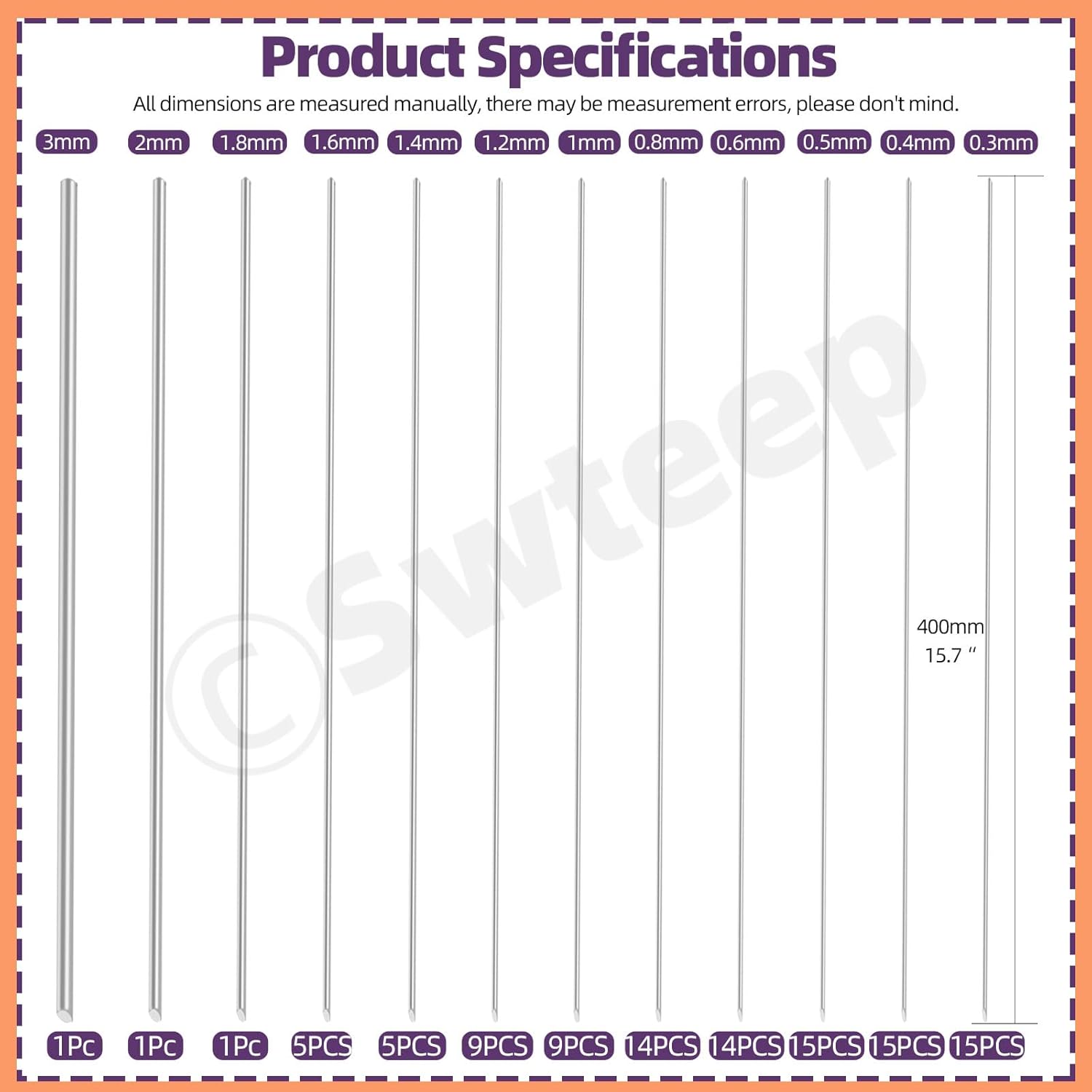 Swpeet 104Pcs 12 Sizes 0.3 mm, 0.4 mm, 0.5 mm, 0.6 mm, 0.8 mm, 1 mm, 1.2 mm, 1.4 mm, 1.6 mm, 1.8 mm, 2 mm, 3 mm 40cm-16 Length Stainless Steel Rods Sets