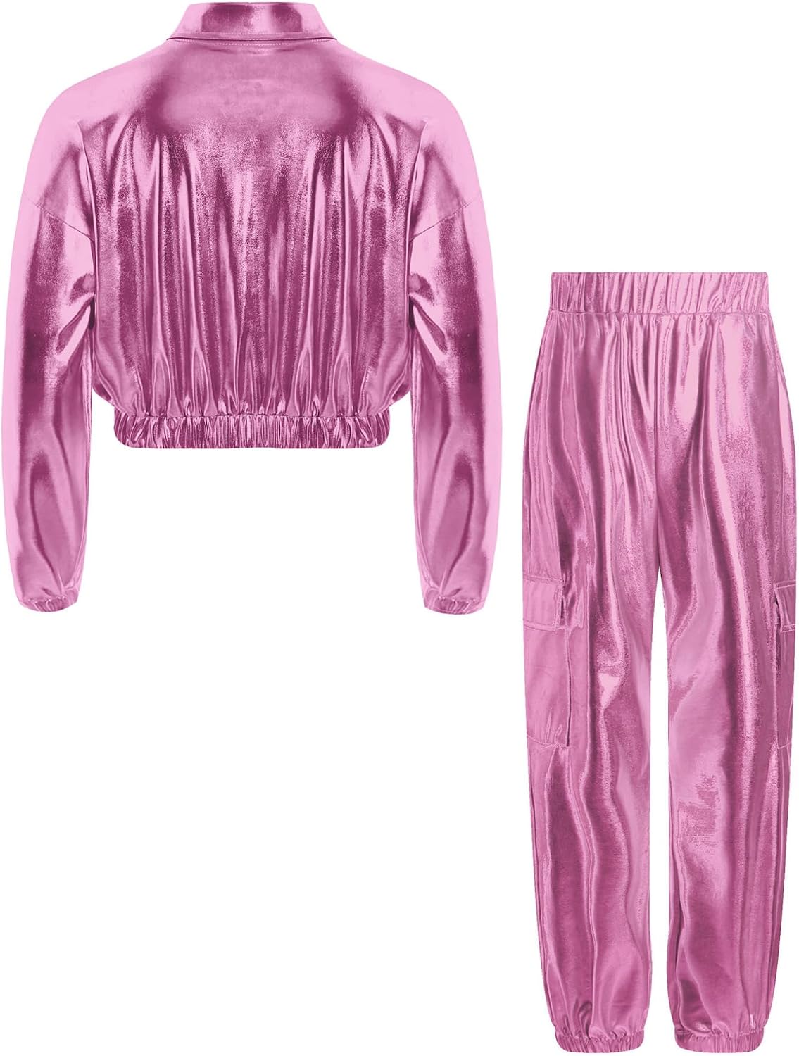Freebily Kids Girls Metallic Dance Outfit Sparkly Jacket and Jogger Cargo Pants Shiny 2 Piece Jazz Hip Hop Dancewear