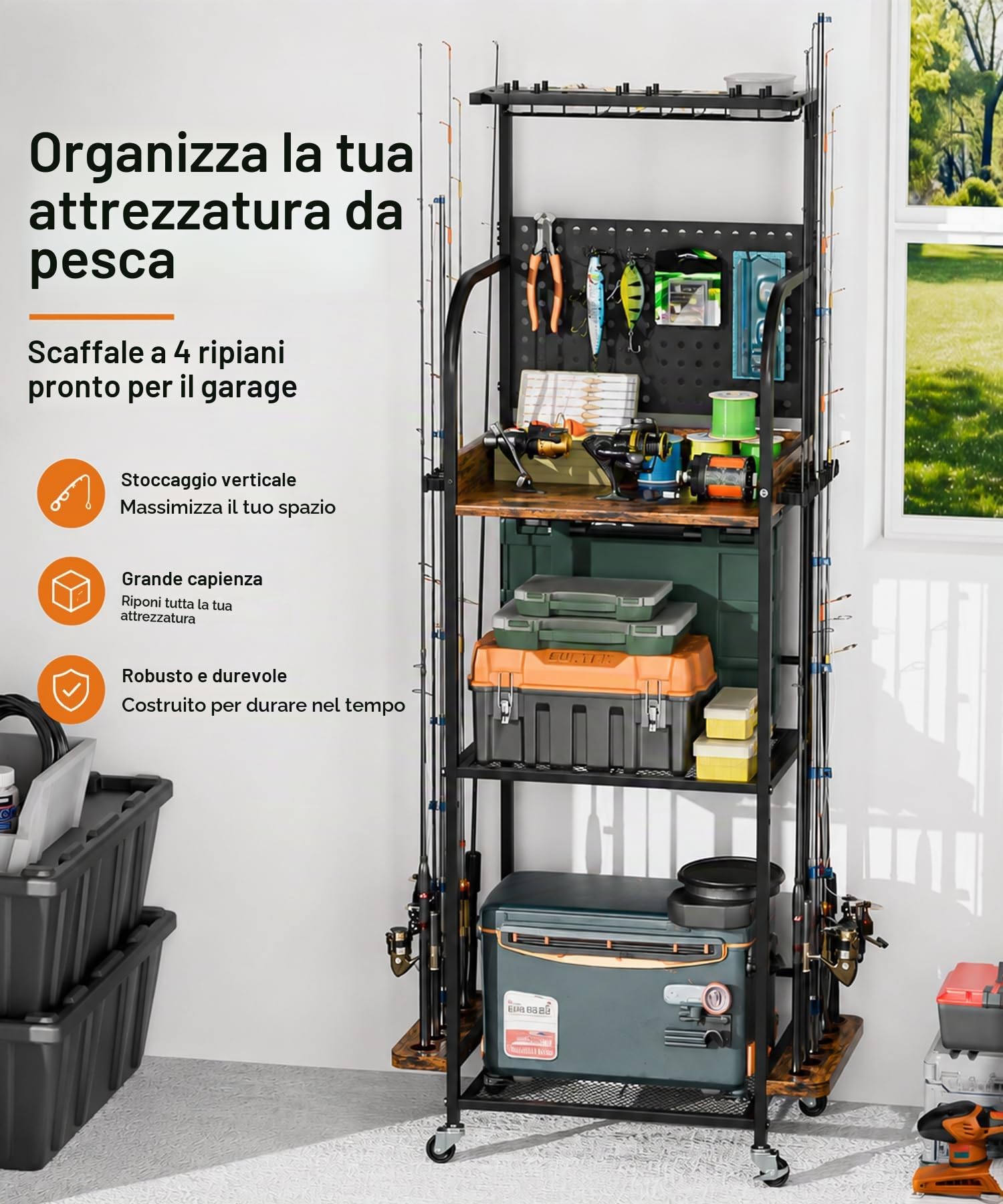 Yorbay Supporto per Canna da Pesca per 12 Canne con Ruote, Carrello Portaoggetti in Ferro con Gancio e Mensola per Riporre Accessori e Attrezzi da Pesca all'Aperto