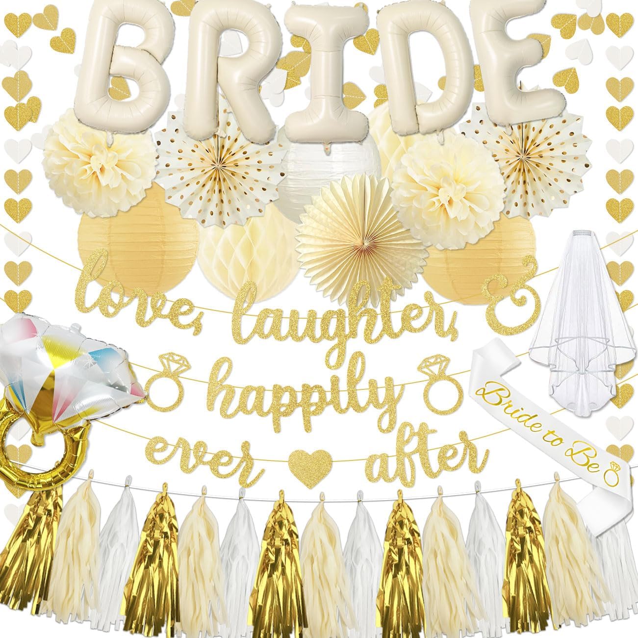 Bridal Shower Decorations 69PCS Champagne Gold Bachelorette Party Decorations Included 40INCH BRIDE Balloons Love Laughter Happily Ever After Banner Bride To Be Sash Veil for Bridal Shower Decor
